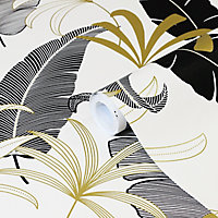 GoodHome Selago Black & white Leaf Gold effect Smooth Wallpaper Sample