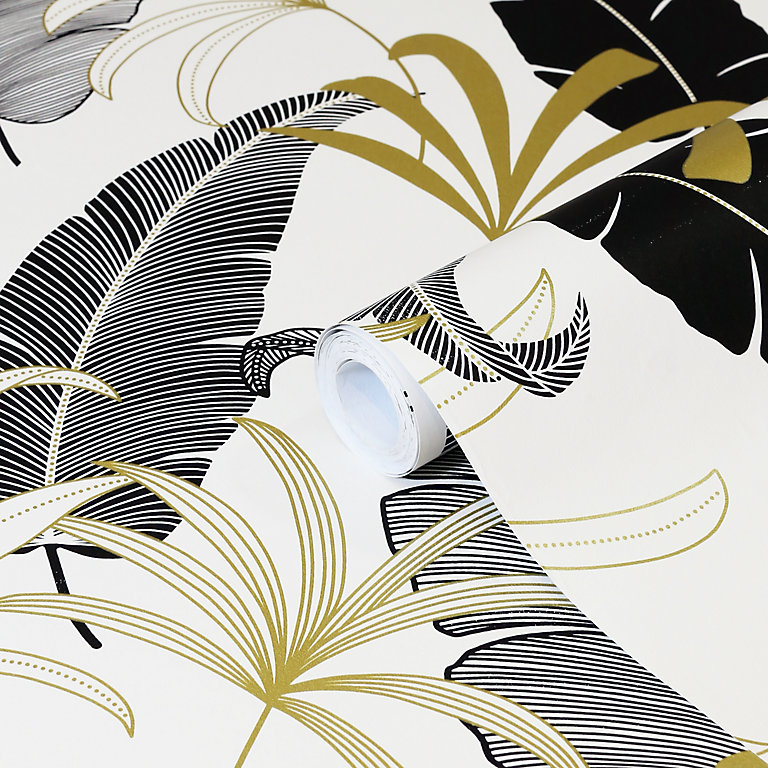 GoodHome Selago Black & white Leaf Gold effect Smooth Wallpaper | DIY at B&Q