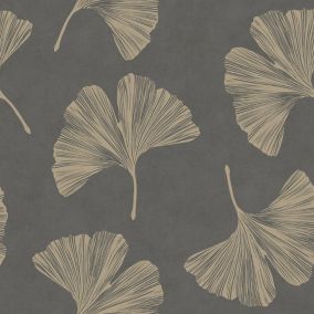GoodHome Selen Grey Metallic effect Gingko leaves Textured Wallpaper