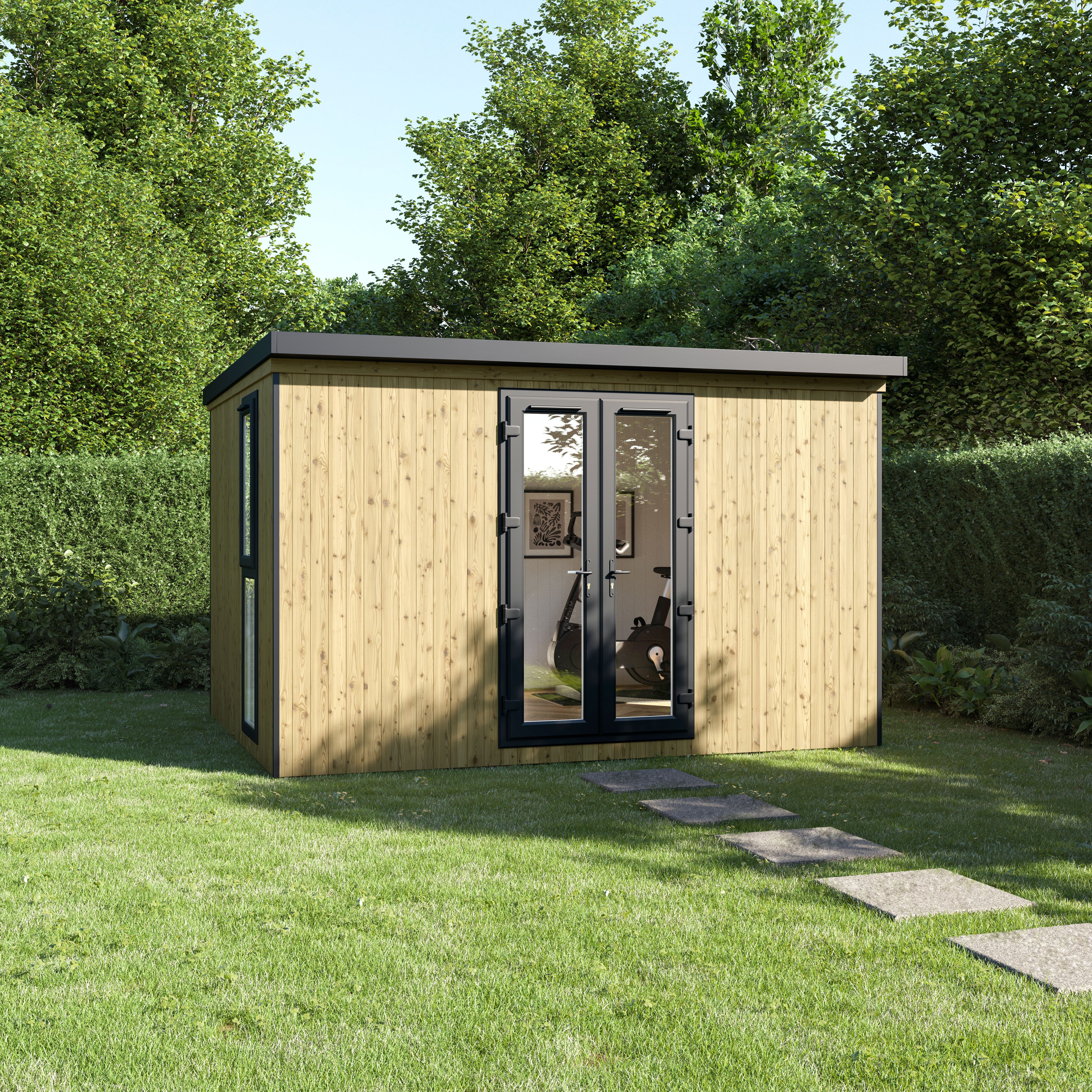 GoodHome Semora 10x12 ft with Double door Pent Garden room 3m x 3.8m (Base included) - Assembly service of building & foundations included