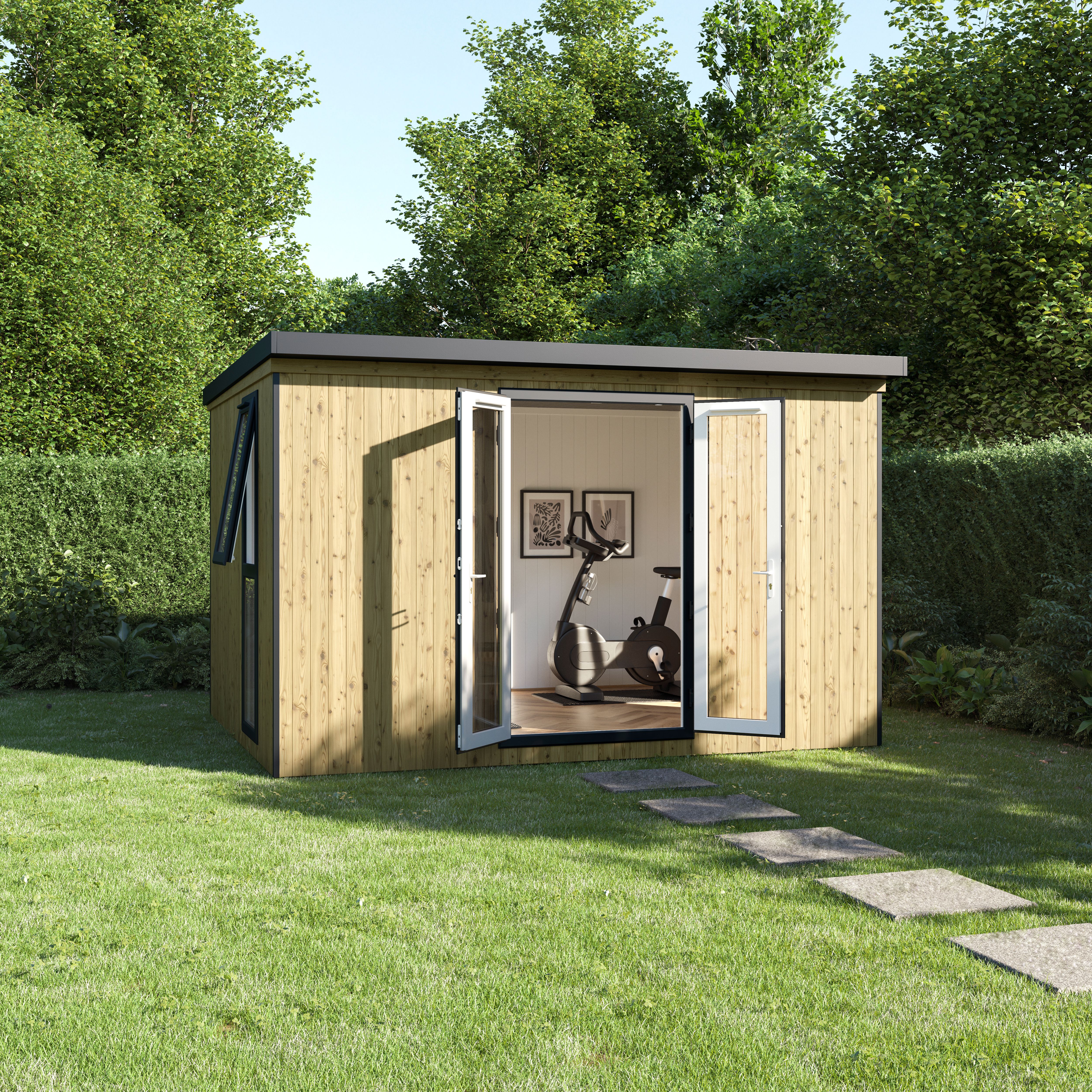 GoodHome Semora 10x12 ft with Double door Pent Garden room 3m x 3.8m (Base included) - Assembly service of building & foundations included