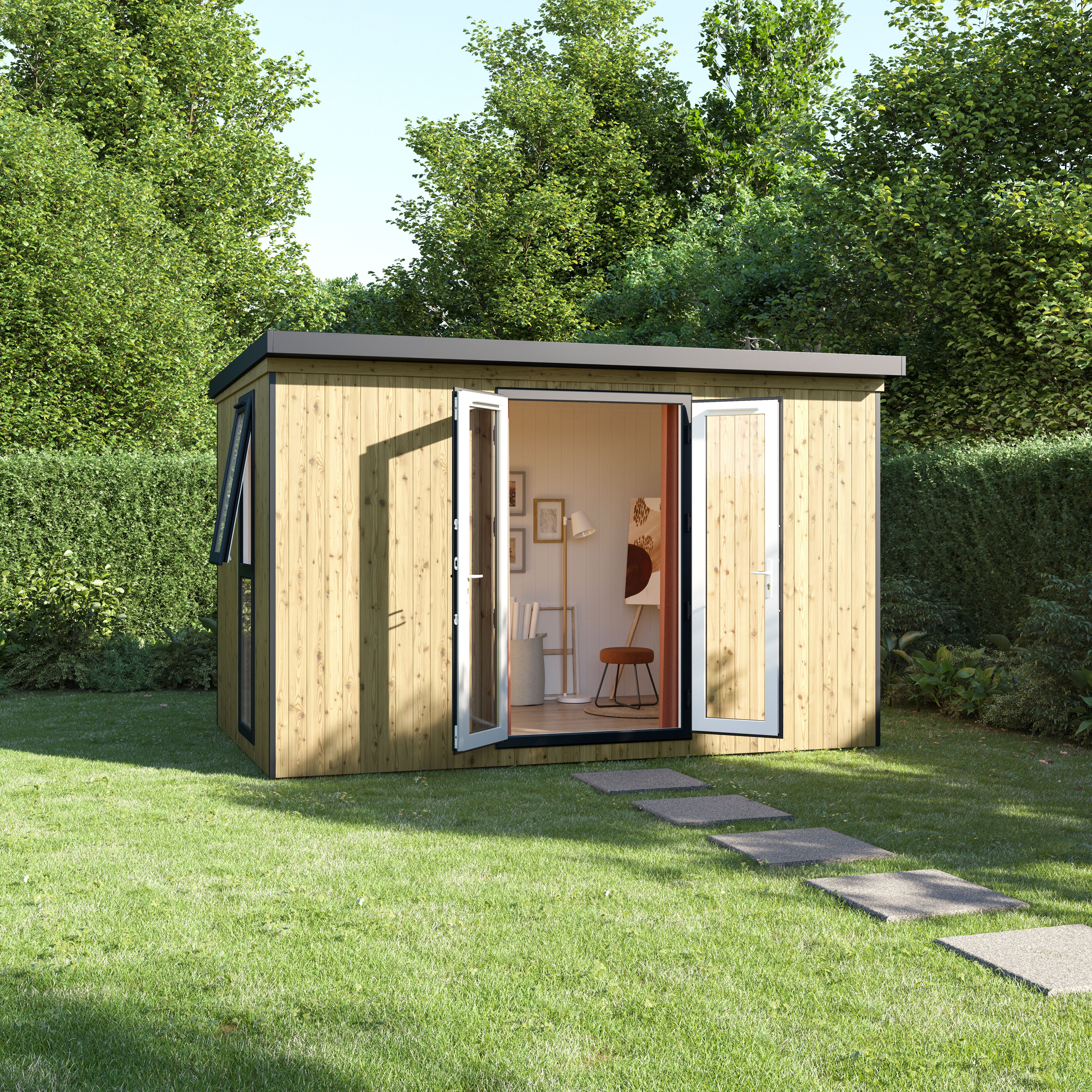 GoodHome Semora 12x8 ft with Double door Pent Garden room 2.4m x 3.8m (Base included) - Assembly service of building & foundations included