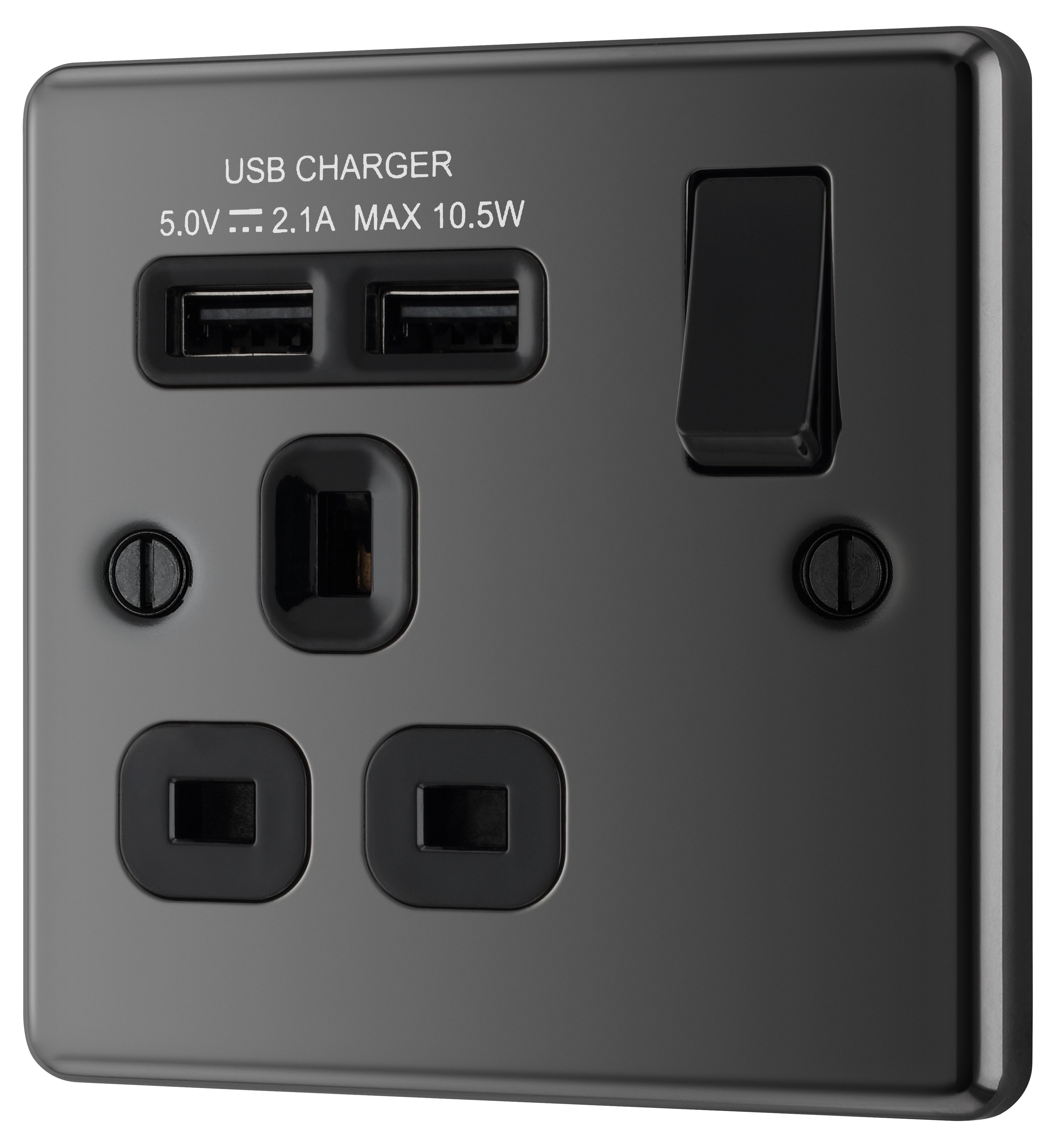 GoodHome Single 13A Switched Gloss Black Socket with USB x2 2.1A