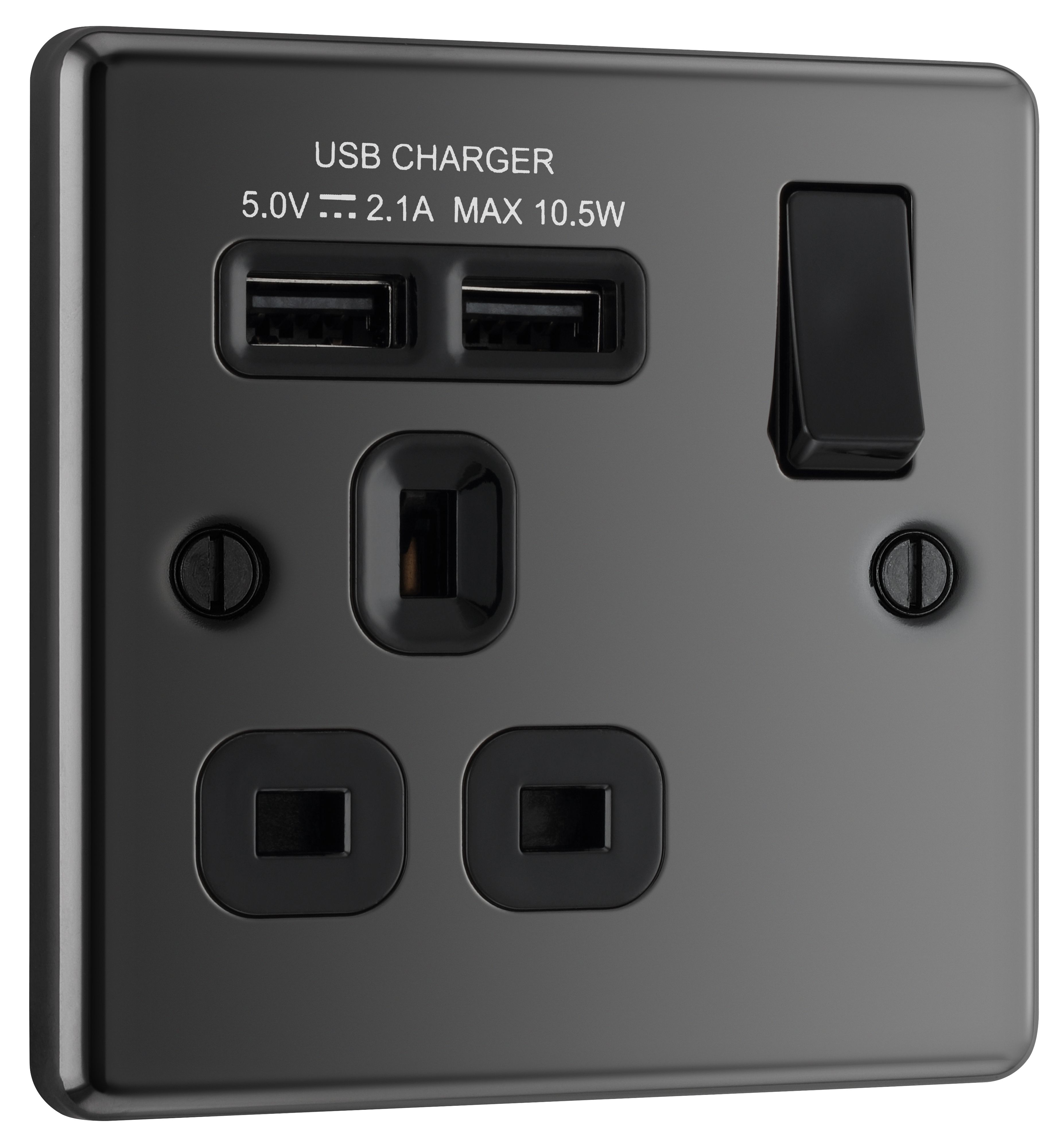 GoodHome Single 13A Switched Gloss Black Socket with USB x2 2.1A