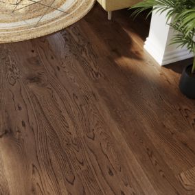 GoodHome Skanor Natural Dark Brown Oak Solid wood flooring, Pack of 1, 1.8m²