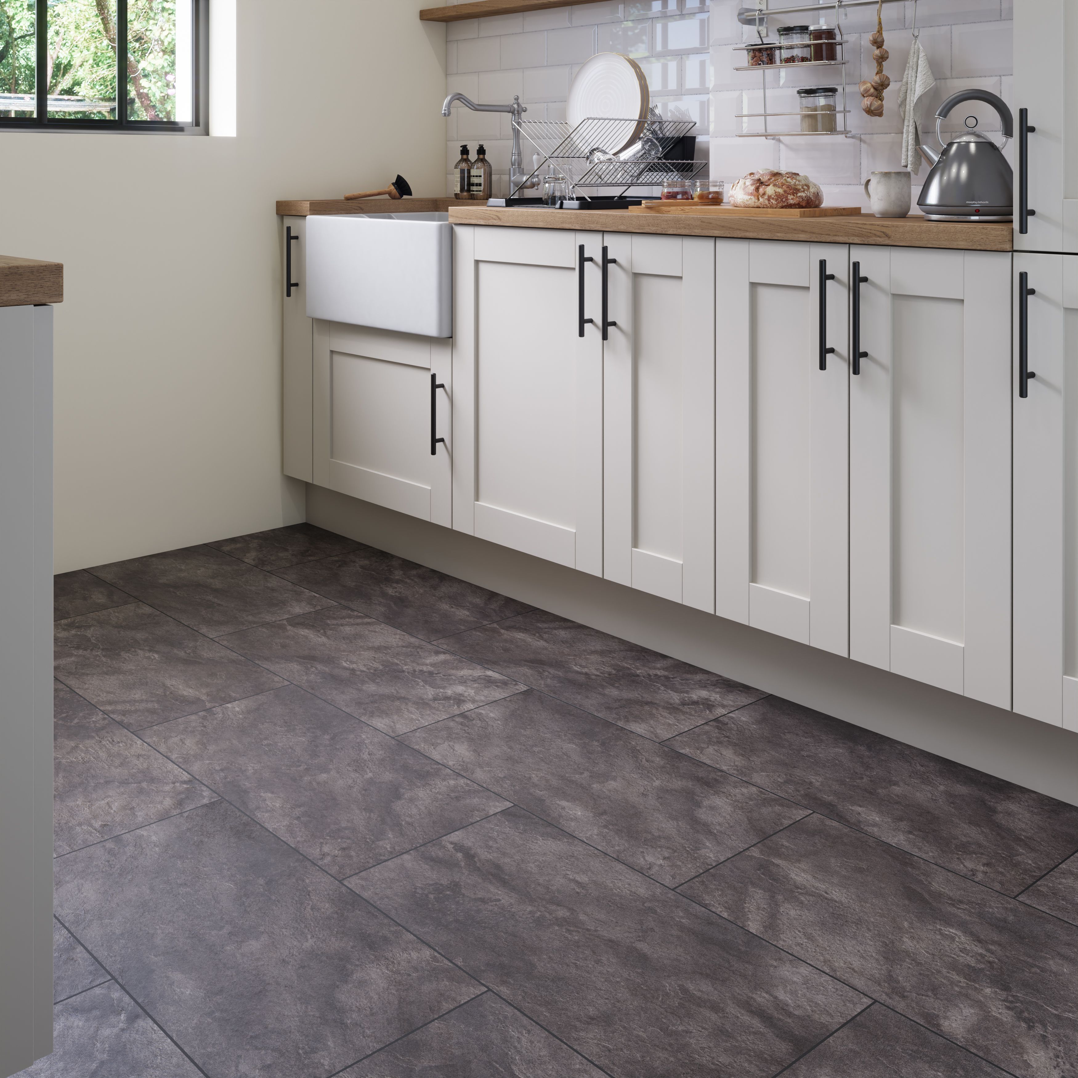 GoodHome Slate Black Stone design Tile effect Laminate Flooring 2.535m