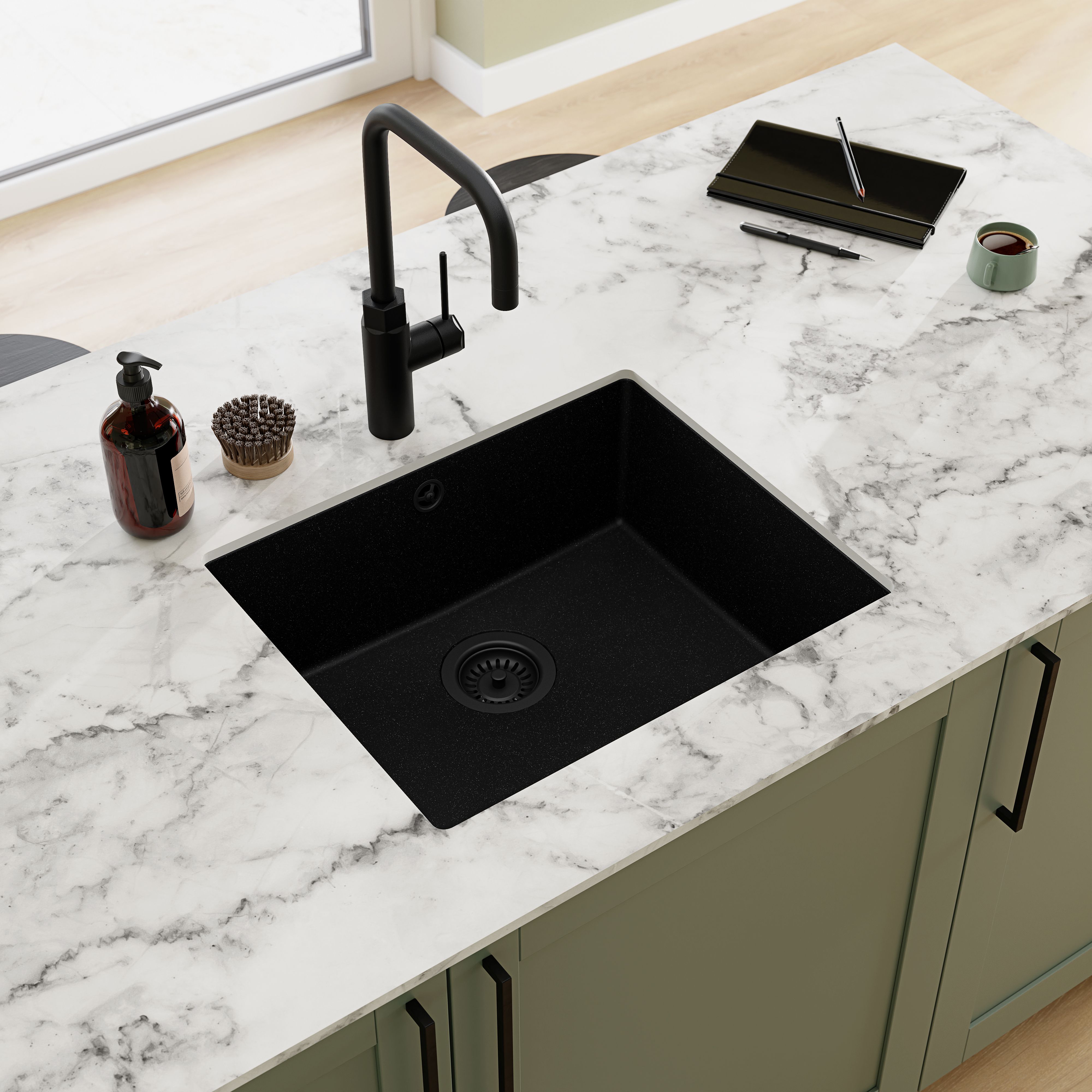 GoodHome Sorrel Polished Black Composite quartz 1 Bowl Kitchen sink 550mm x 460mm