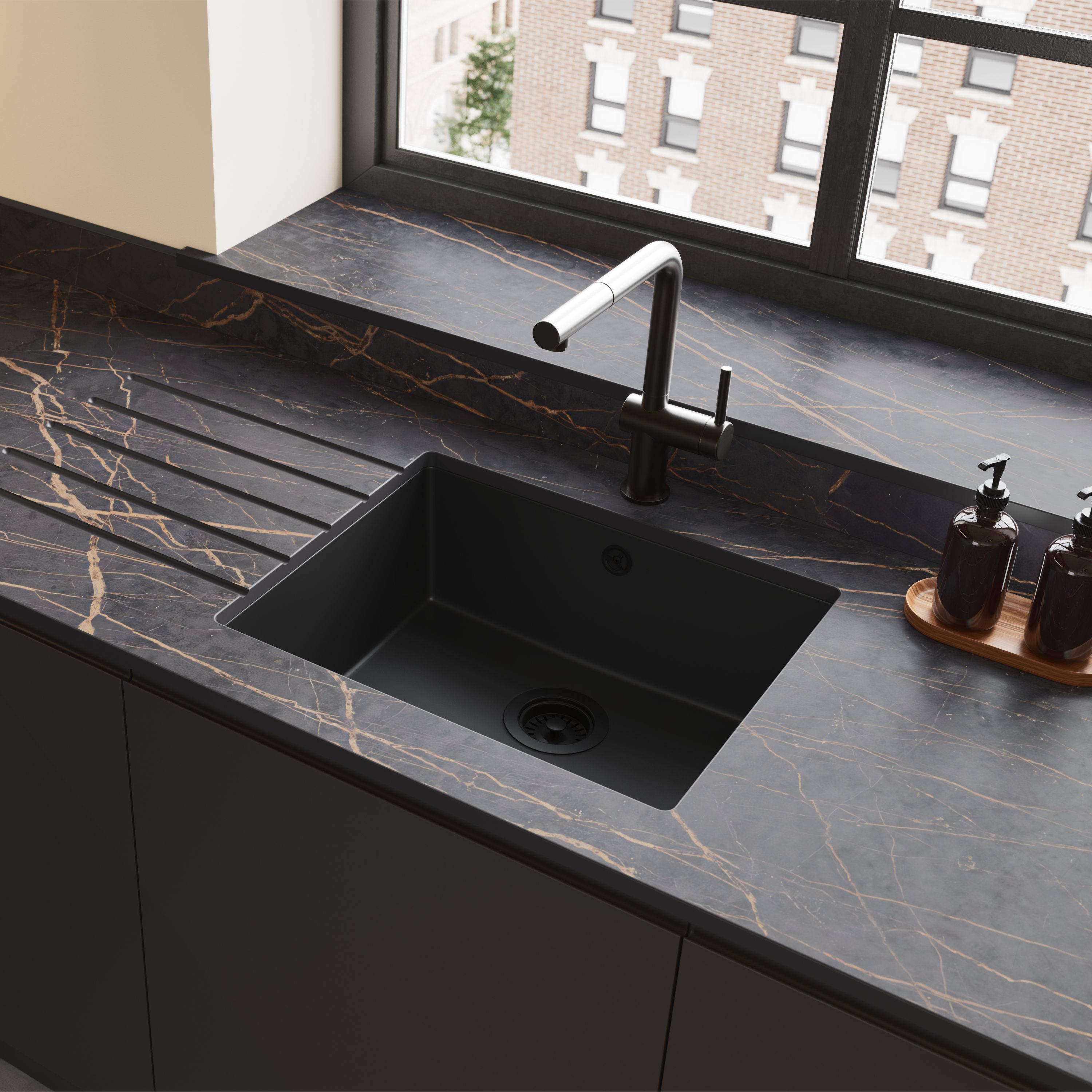 GoodHome Sorrel Polished Black Composite quartz 1 Bowl Kitchen sink 550mm x 460mm