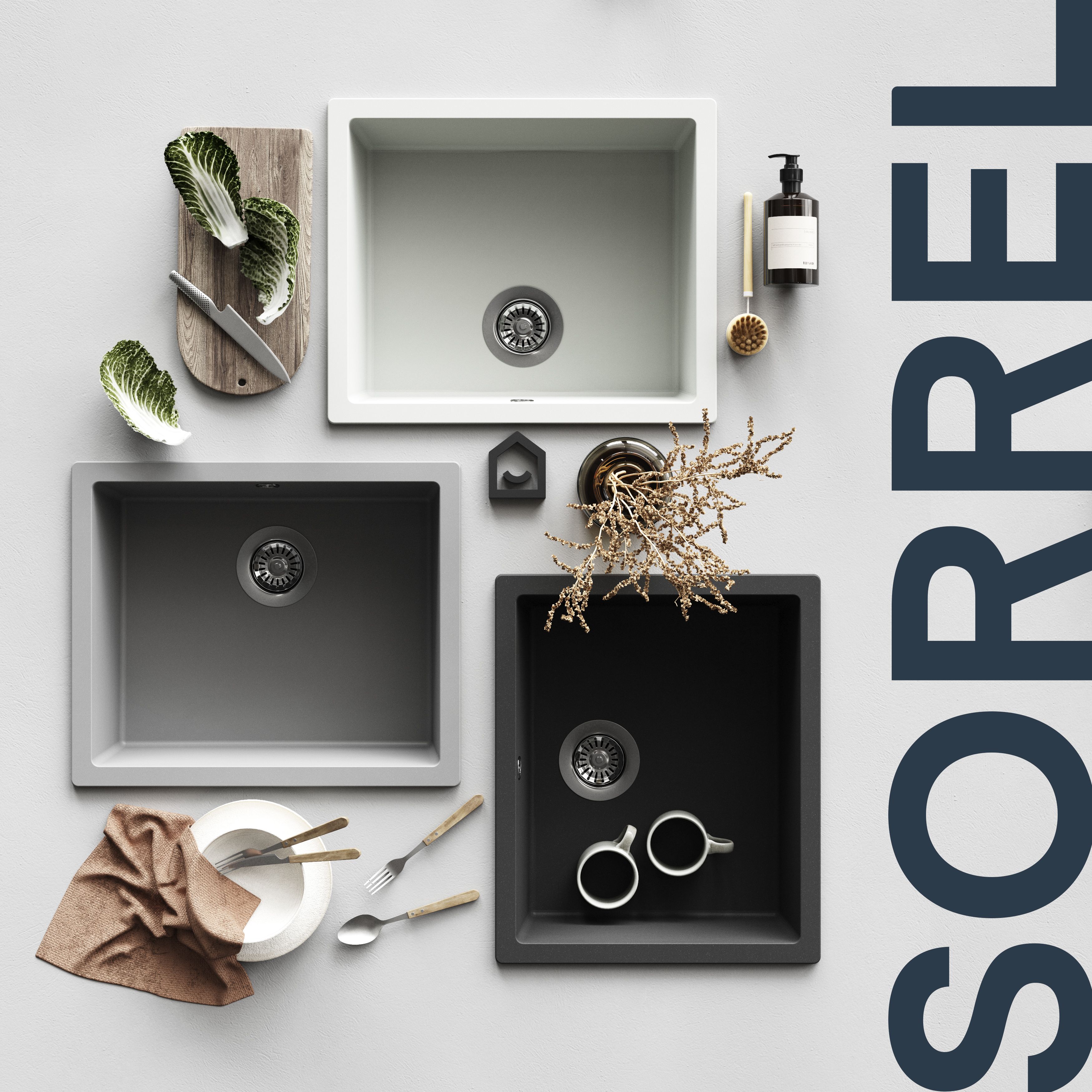 GoodHome Sorrel Polished Grey Composite quartz 1 Bowl Kitchen sink 550mm x 460mm