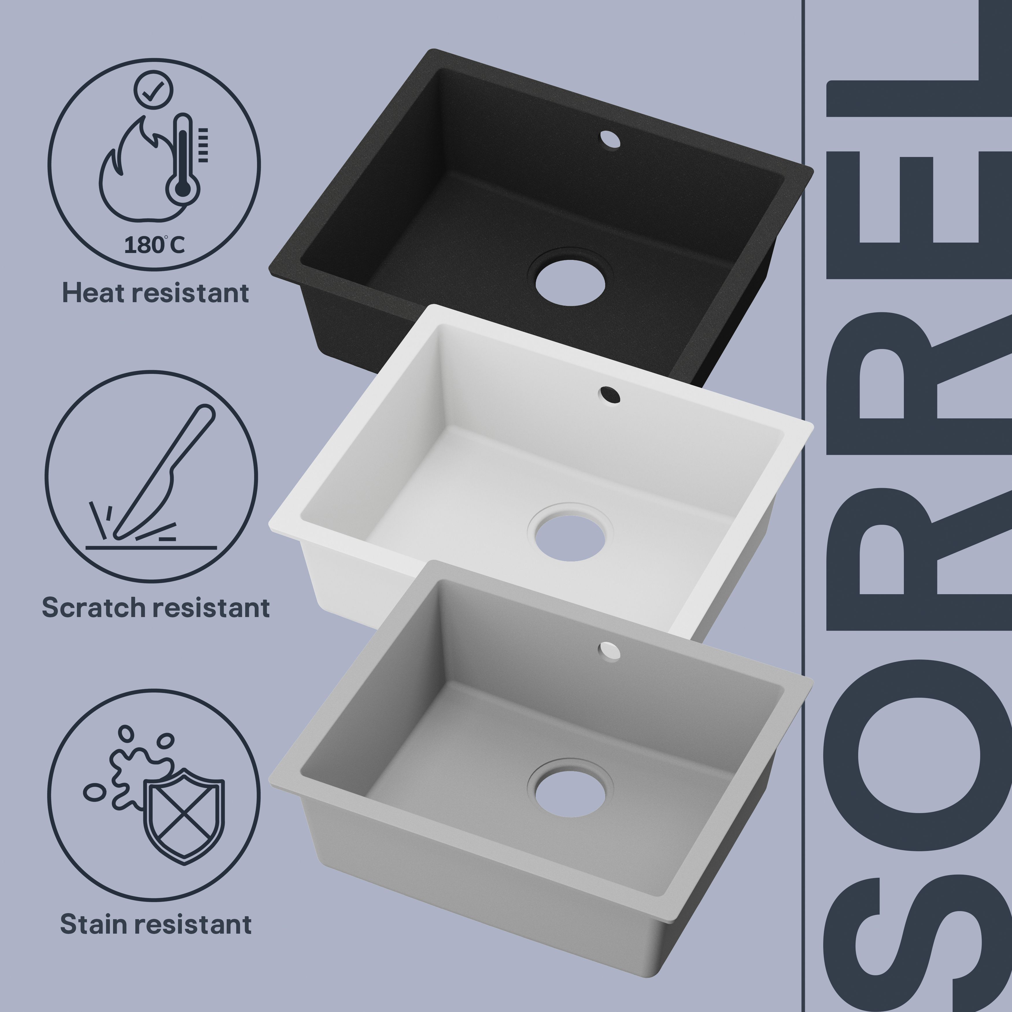 GoodHome Sorrel Polished Grey Composite quartz 1 Bowl Kitchen sink 550mm x 460mm