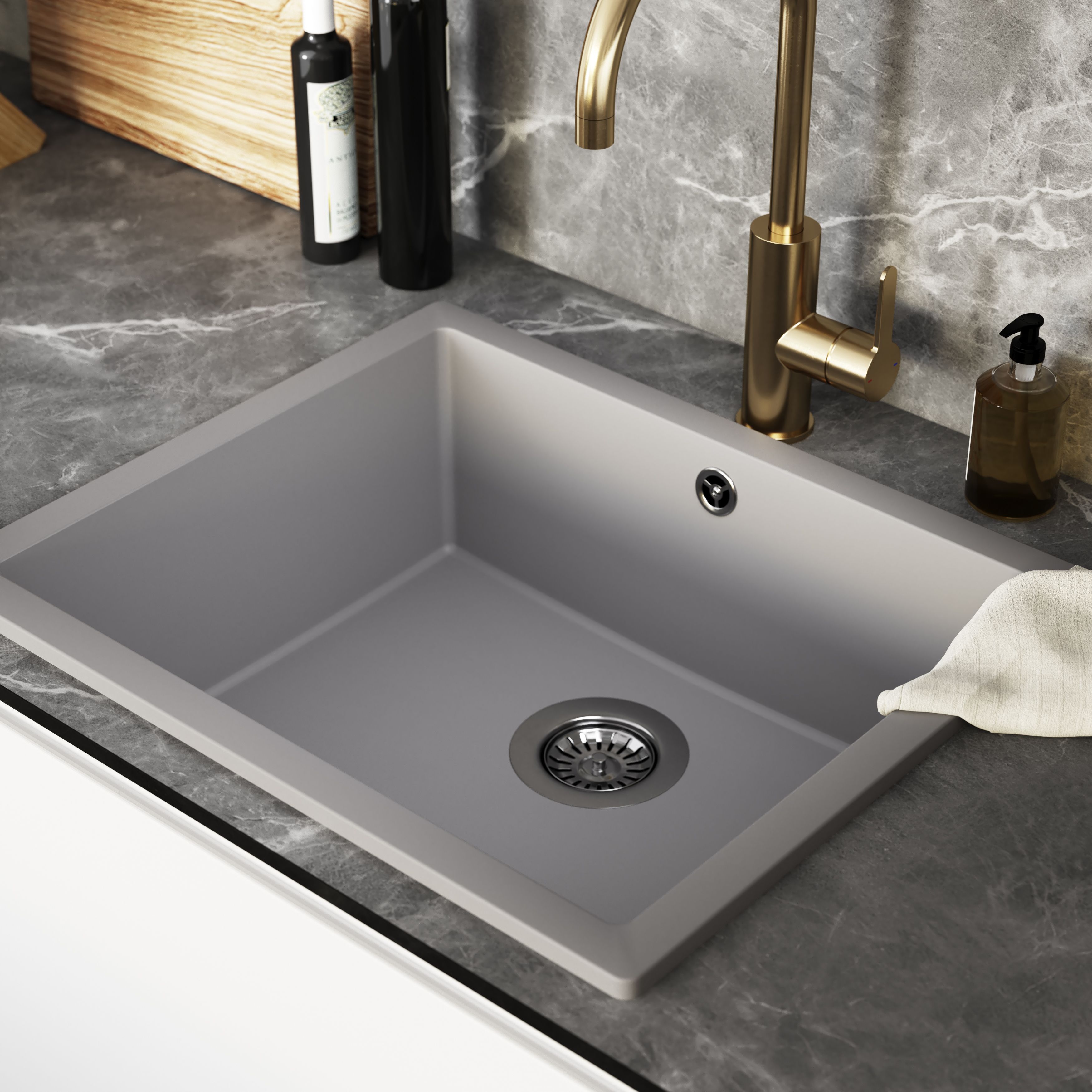 GoodHome Sorrel Polished Grey Composite quartz 1 Bowl Kitchen sink 550mm x 460mm