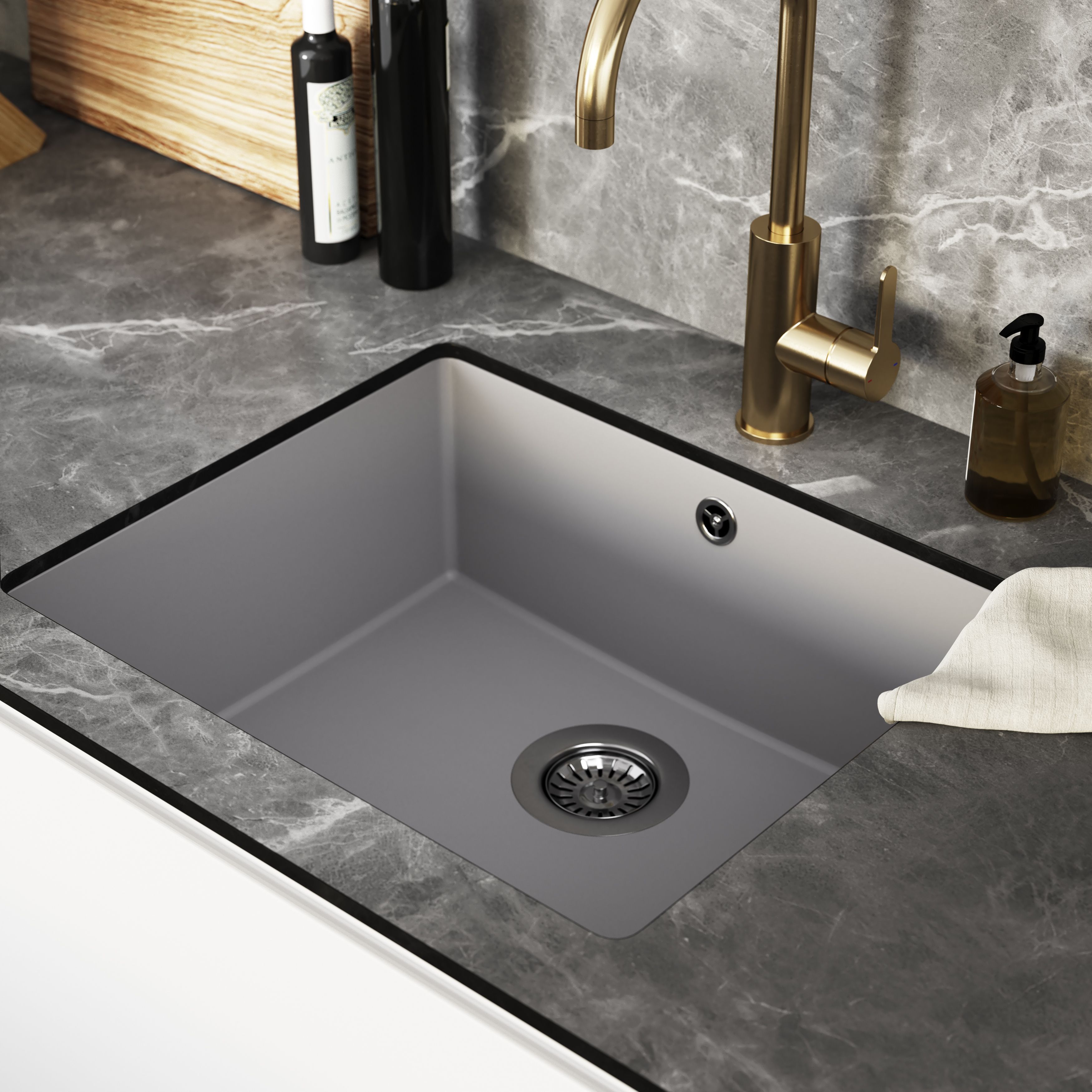 GoodHome Sorrel Polished Grey Composite quartz 1 Bowl Kitchen sink 550mm x 460mm