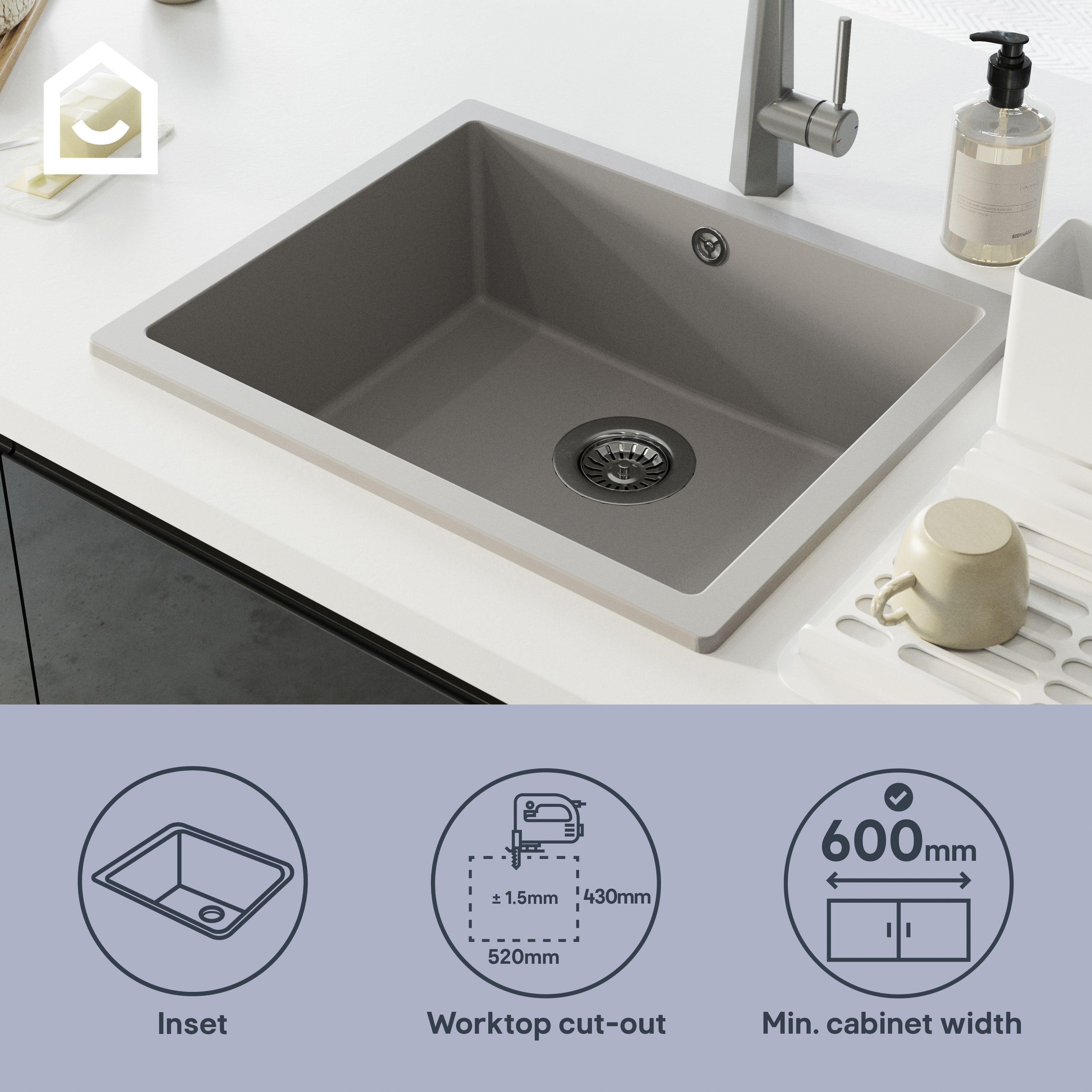 GoodHome Sorrel Polished Grey Composite quartz 1 Bowl Kitchen sink 550mm x 460mm