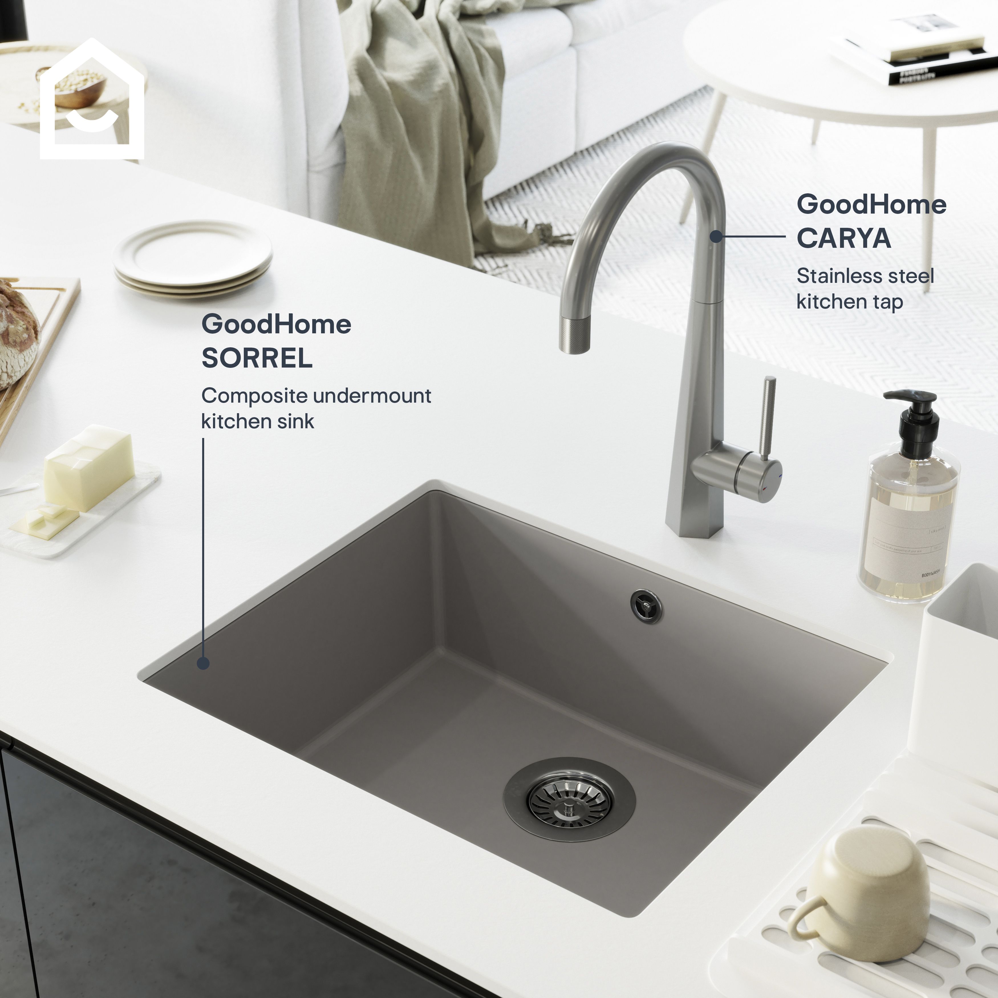 GoodHome Sorrel Polished Grey Composite quartz 1 Bowl Kitchen sink 550mm x 460mm