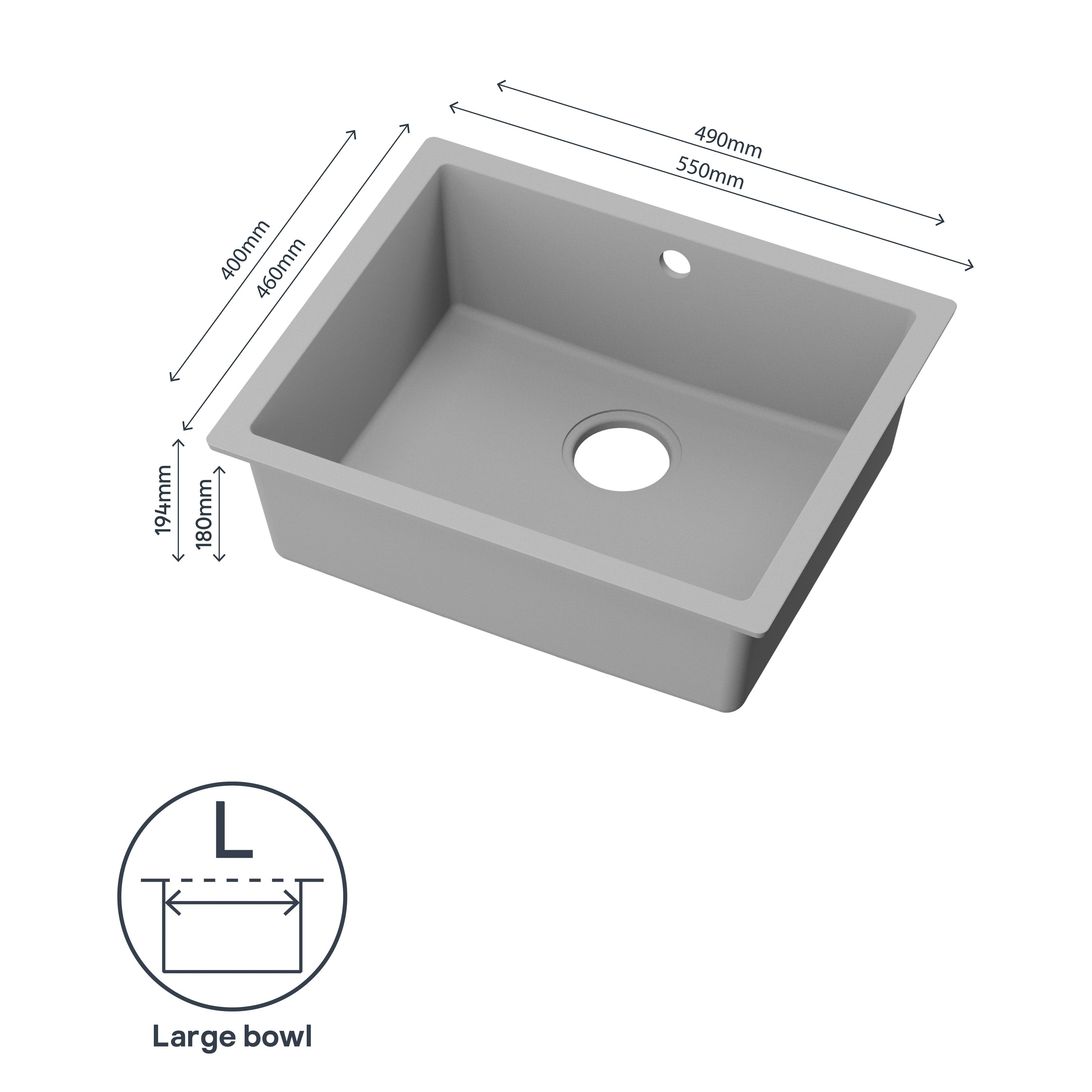 GoodHome Sorrel Polished Grey Composite quartz 1 Bowl Kitchen sink 550mm x 460mm