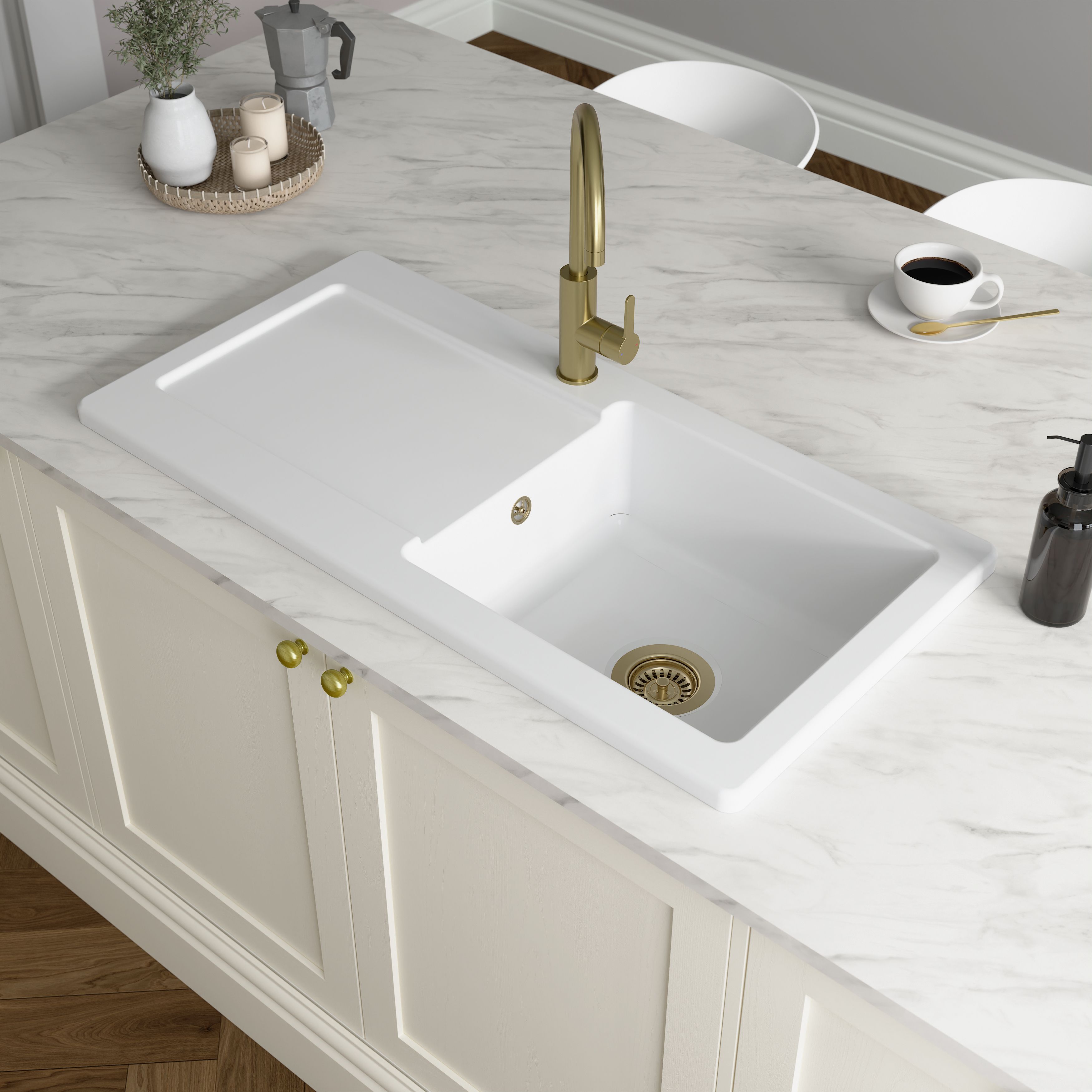 GoodHome Steinfield Gloss white Ceramic 1 Bowl Kitchen sink 1000mm x 500mm