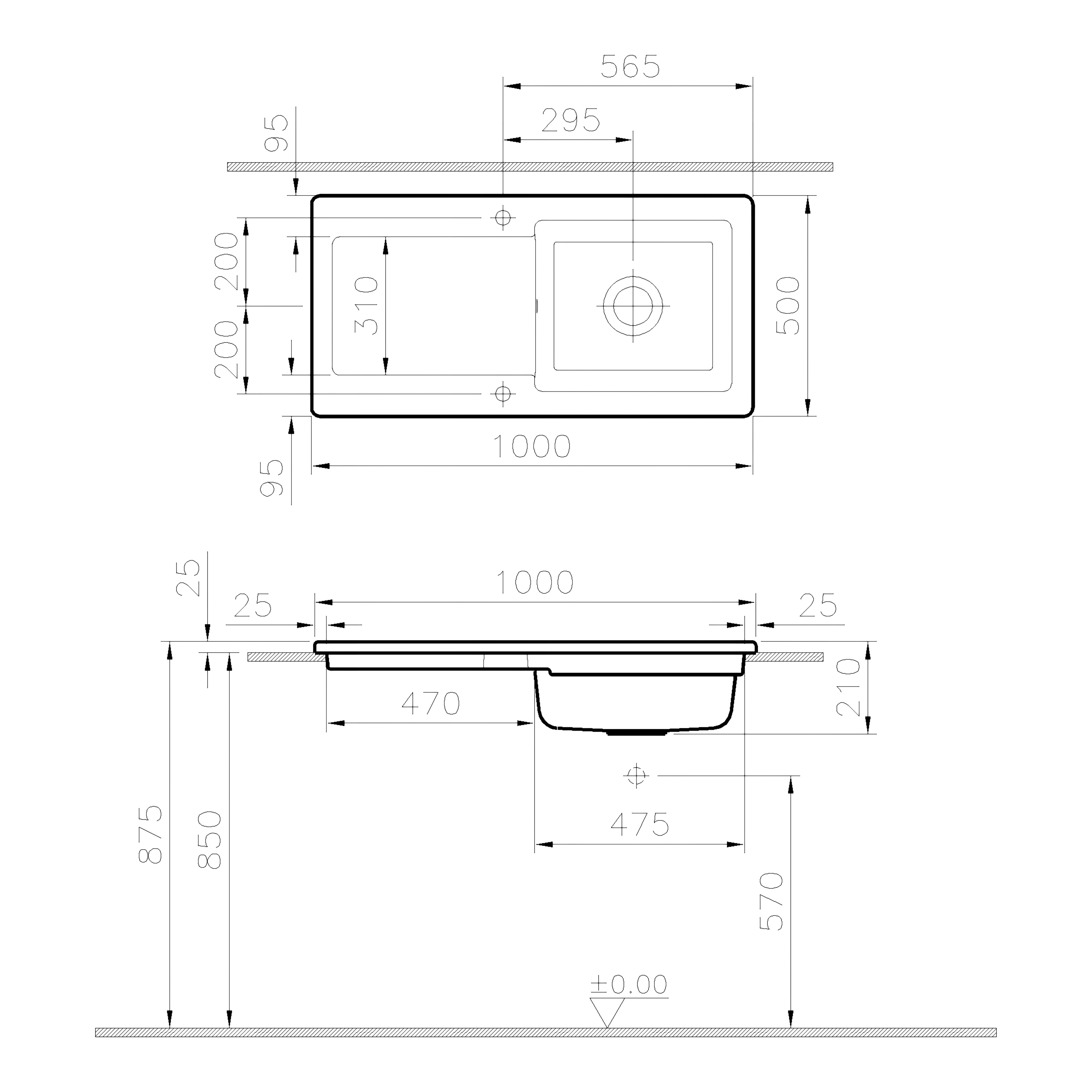 GoodHome Steinfield Gloss white Ceramic 1 Bowl Kitchen sink 1000mm x 500mm