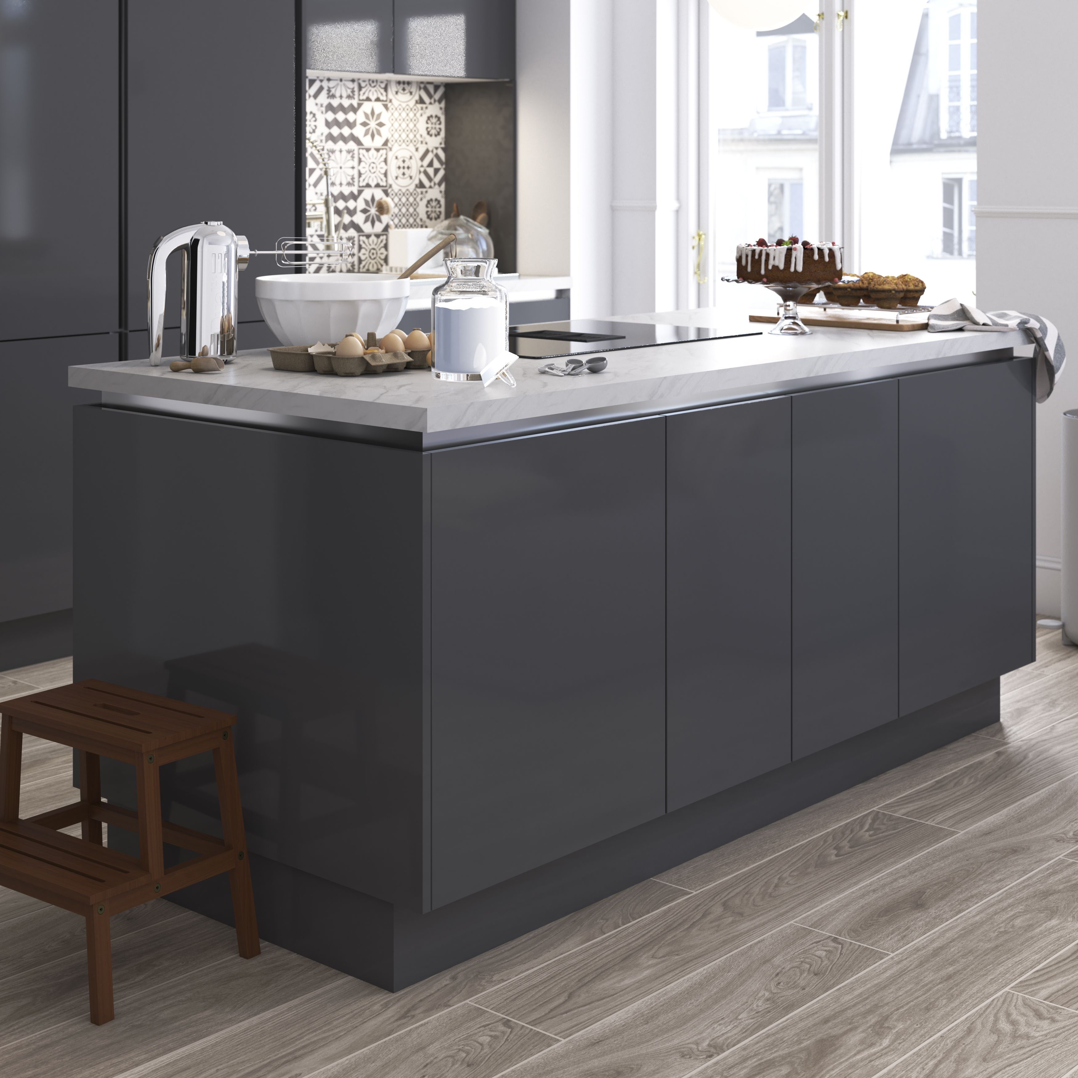 GoodHome Stevia & Garcinia Gloss anthracite Slab Clad on end panel (H)715mm (W)595mm