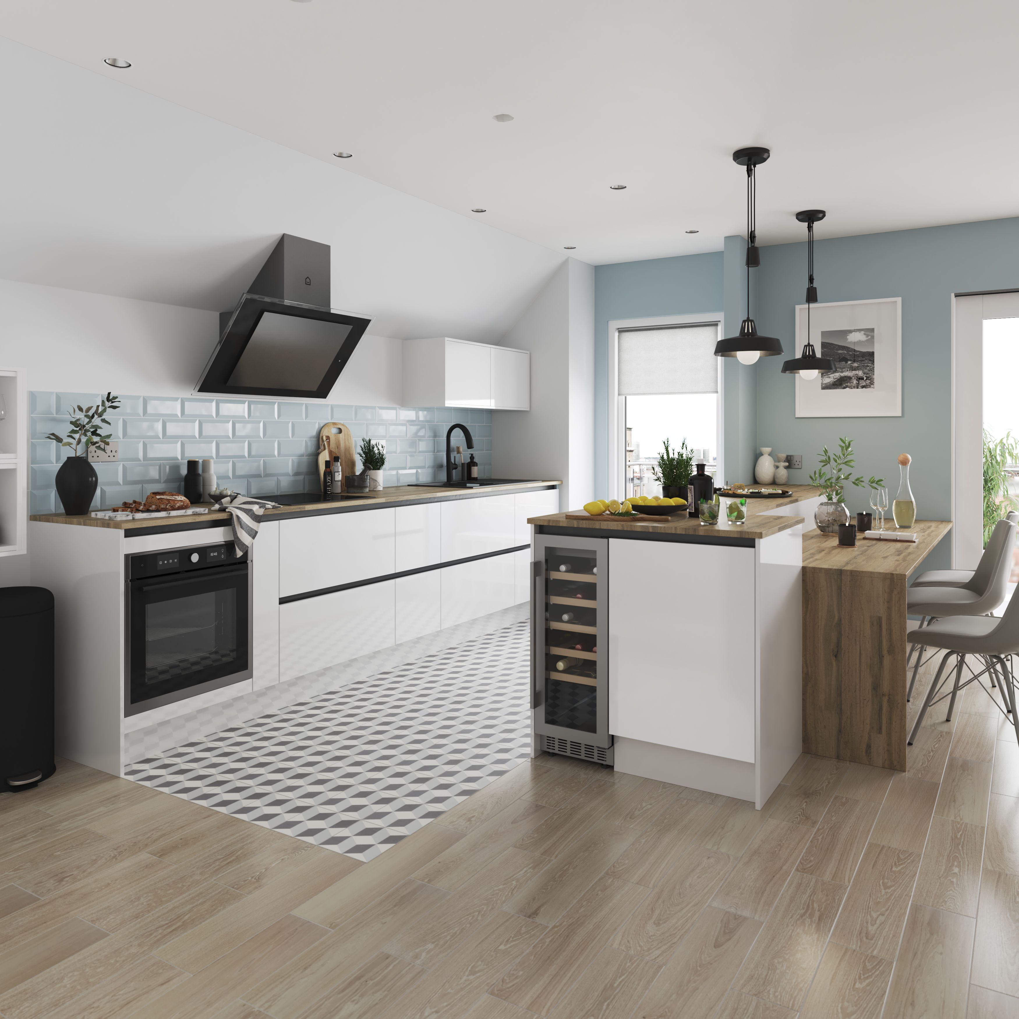 GoodHome Stevia & Garcinia Gloss white light oak effect Standard Wall End panel (H)720mm (W)320mm