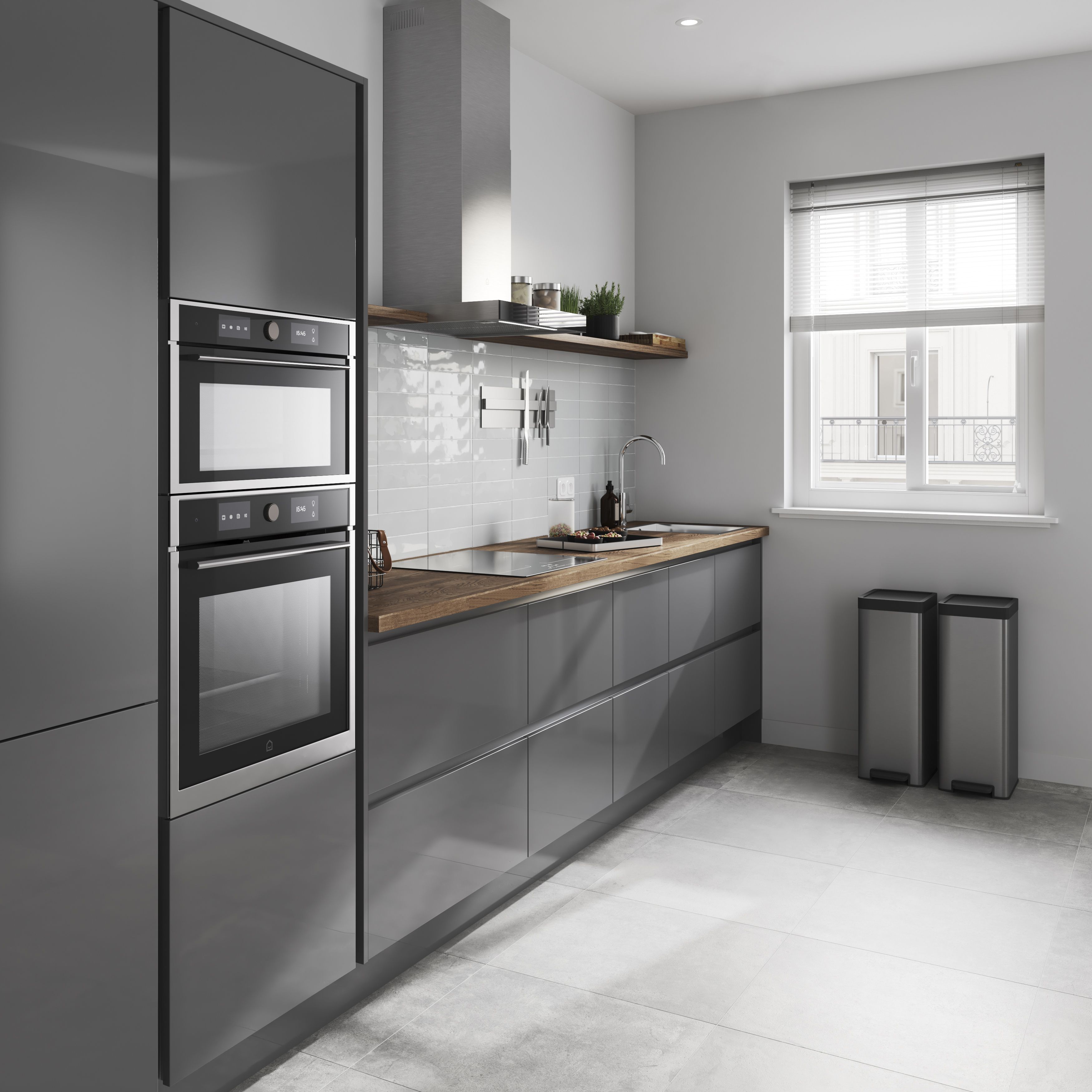GoodHome Stevia Gloss anthracite Slab 2 drawer front, bridging door & bi-fold door 600mm