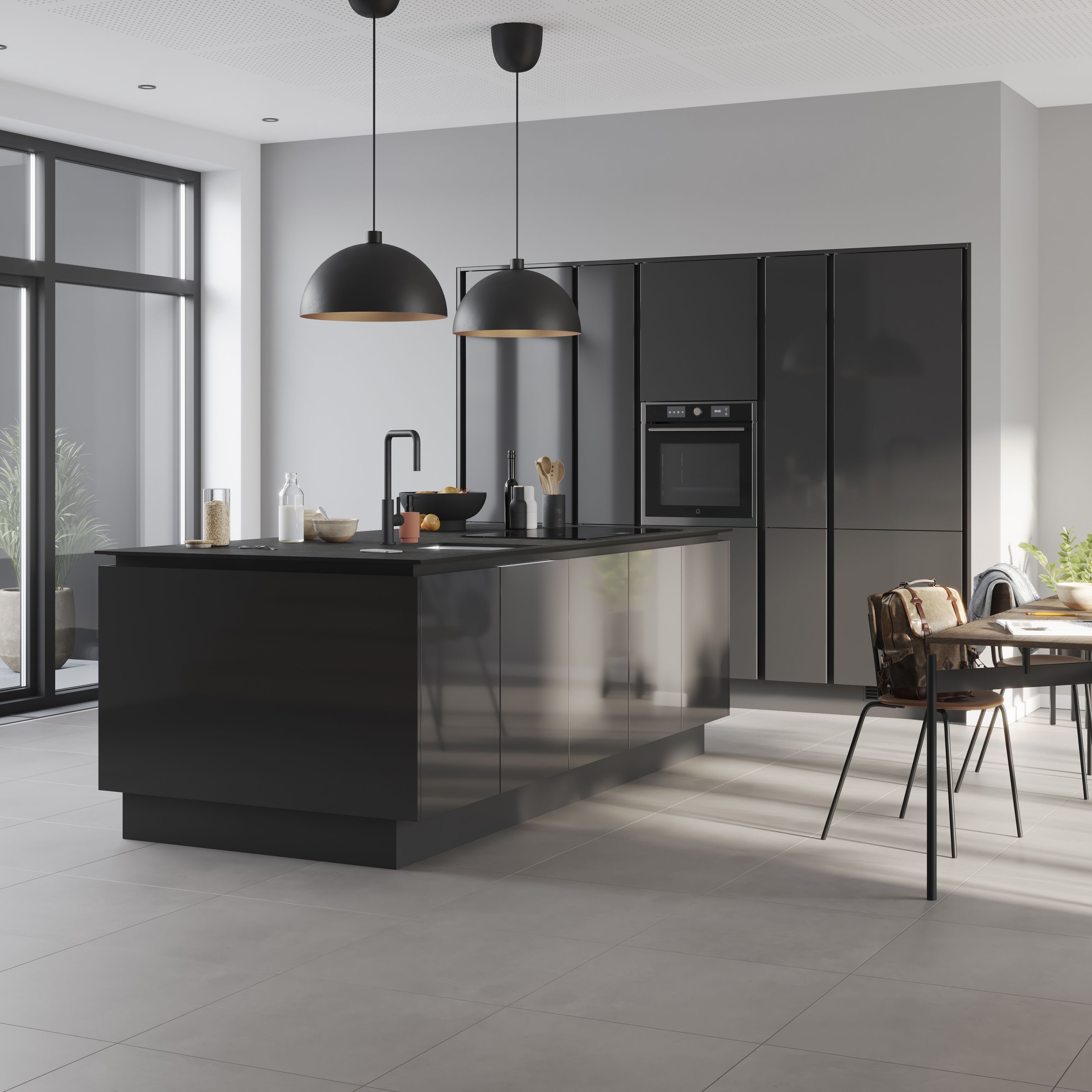 GoodHome Stevia Gloss anthracite Slab 2 drawer front, bridging door & bi-fold door 600mm