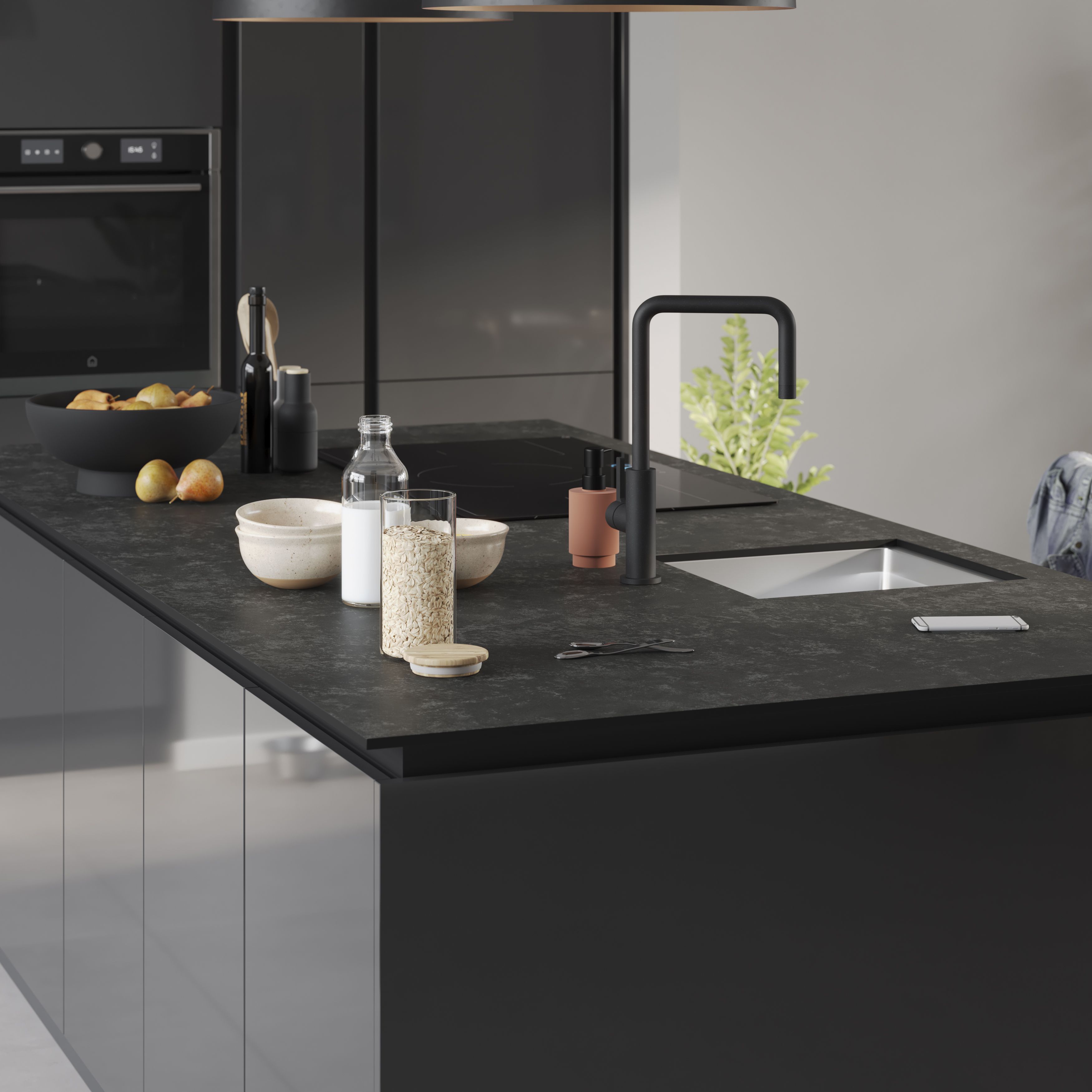 GoodHome Stevia Gloss anthracite Slab 2 drawer front, bridging door & bi-fold door 600mm