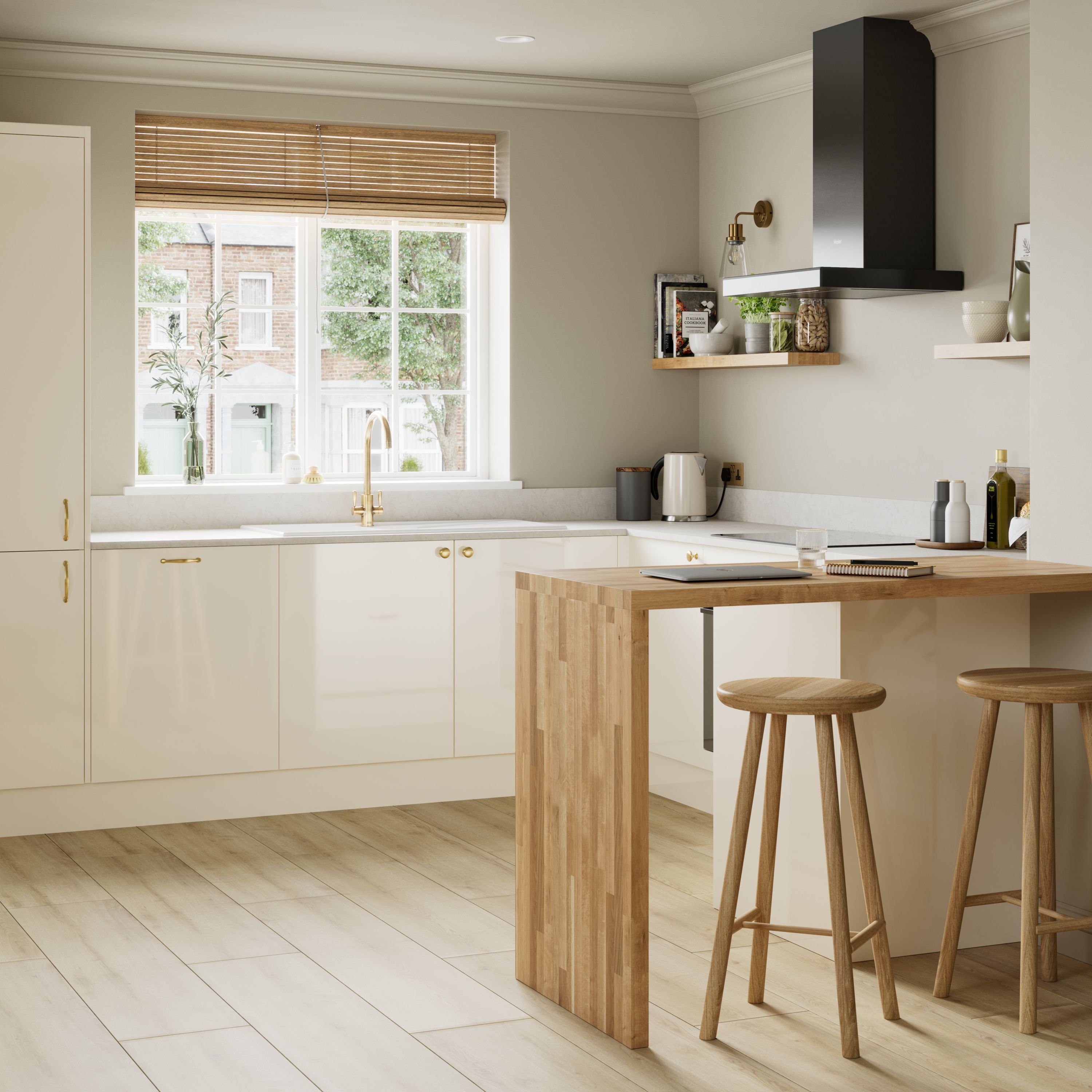 GoodHome Stevia Gloss cream Slab 50:50 Larder/fridge Cabinet door (W)600mm (H)1001mm (T)18mm