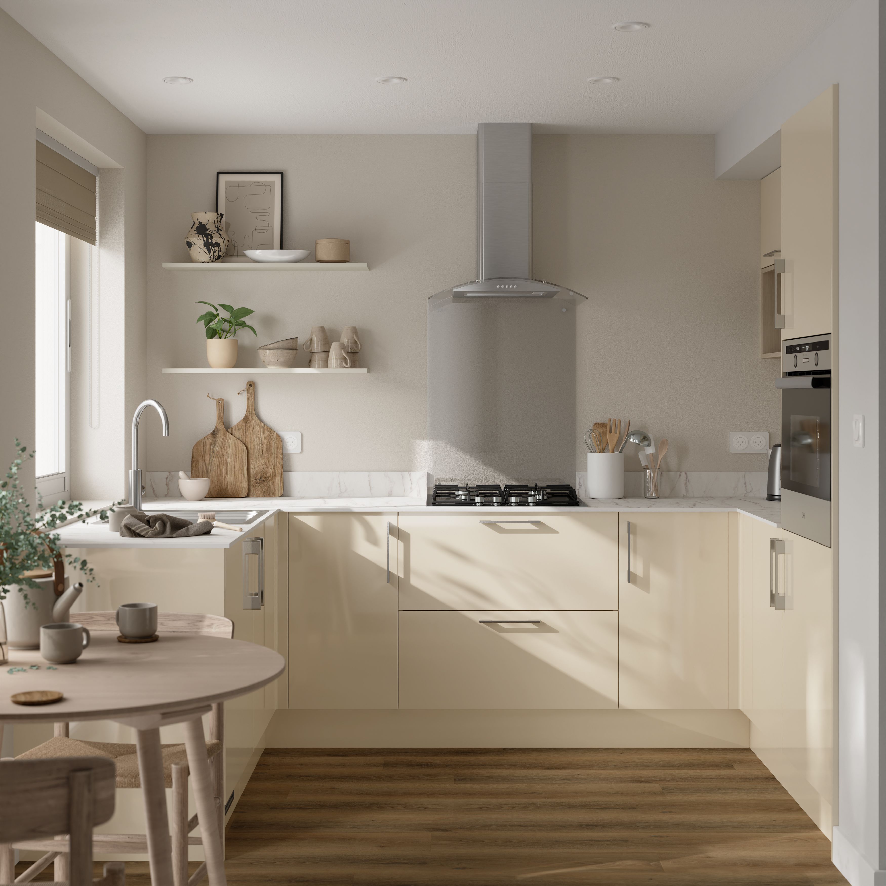 GoodHome Stevia Gloss cream Slab 50:50 Larder/fridge Cabinet door (W)600mm (H)1001mm (T)18mm
