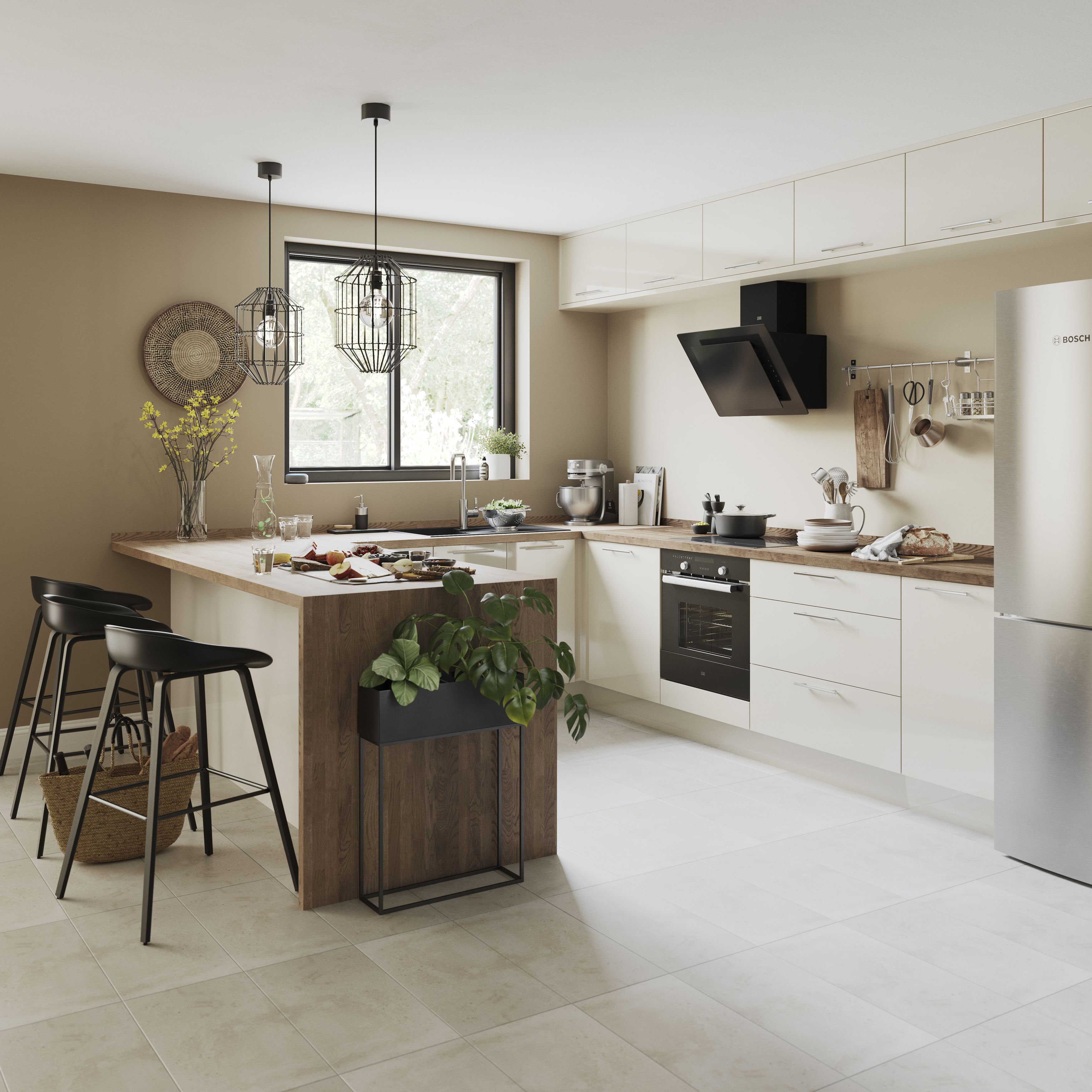 GoodHome Stevia Gloss cream wood effect Slab Blanking panel (H)715mm (W)595mm
