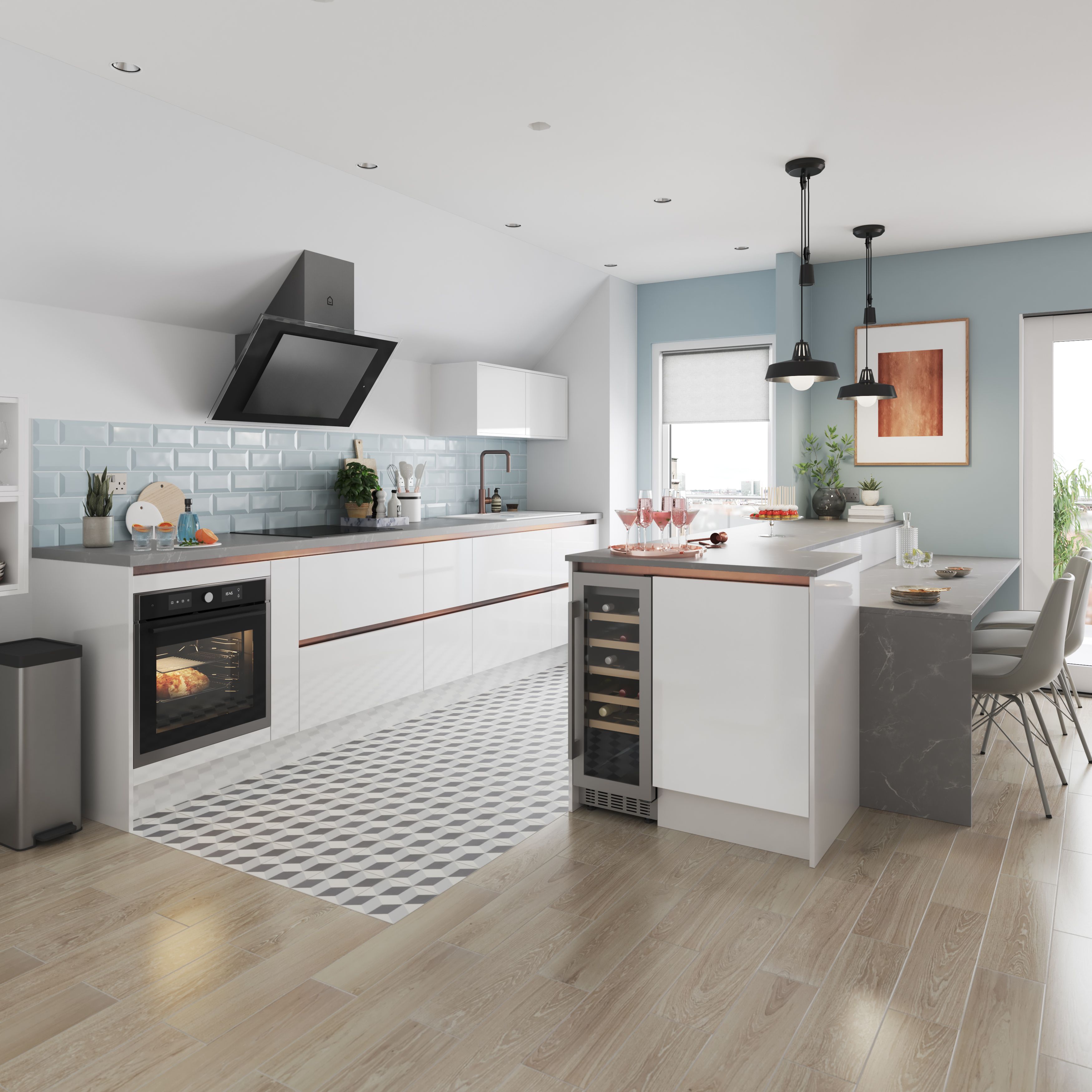 GoodHome Stevia Gloss white Slab 2 drawer front, bridging door & bi-fold door 1000mm