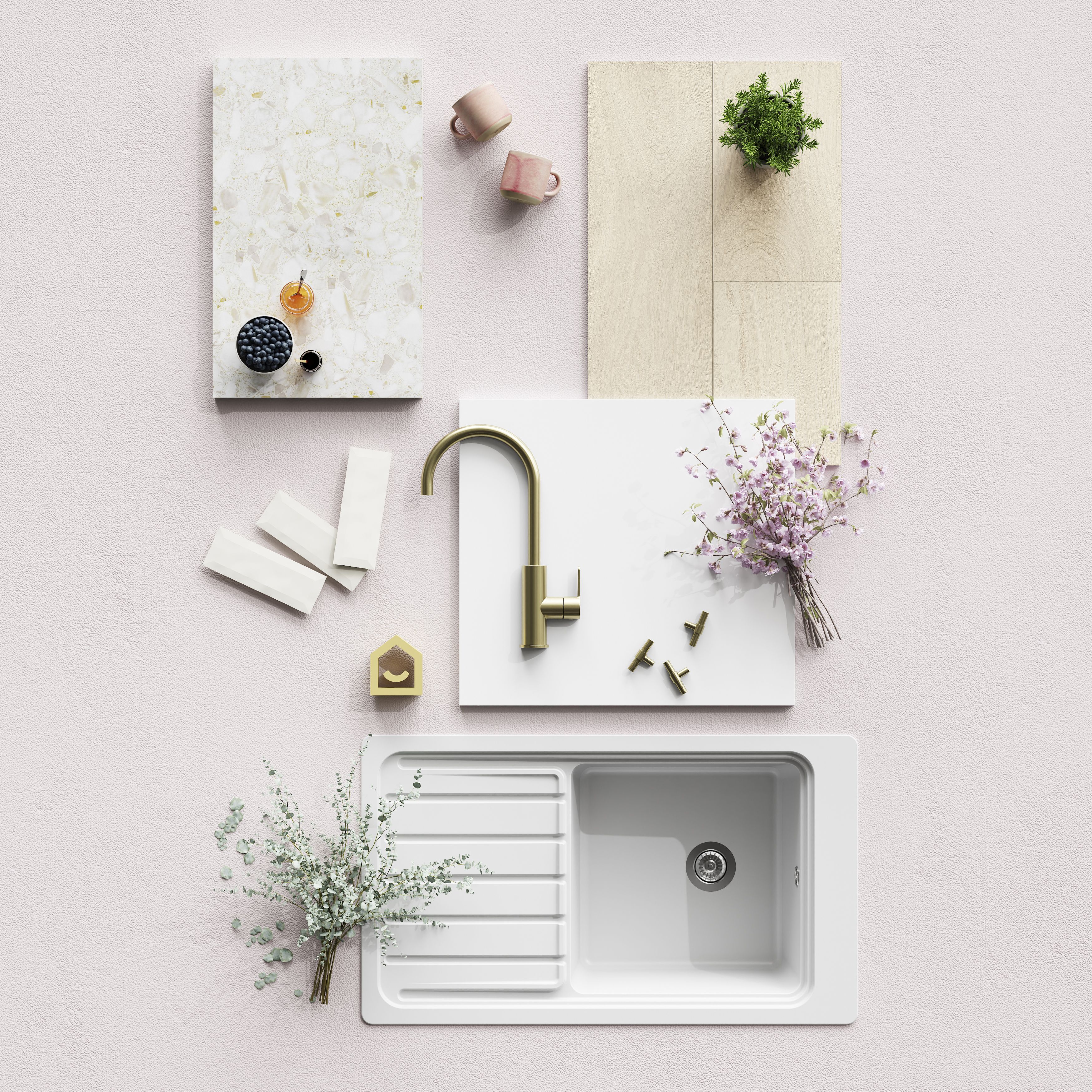 GoodHome Stevia Gloss white Slab 2 drawer front, bridging door & bi-fold door 1000mm
