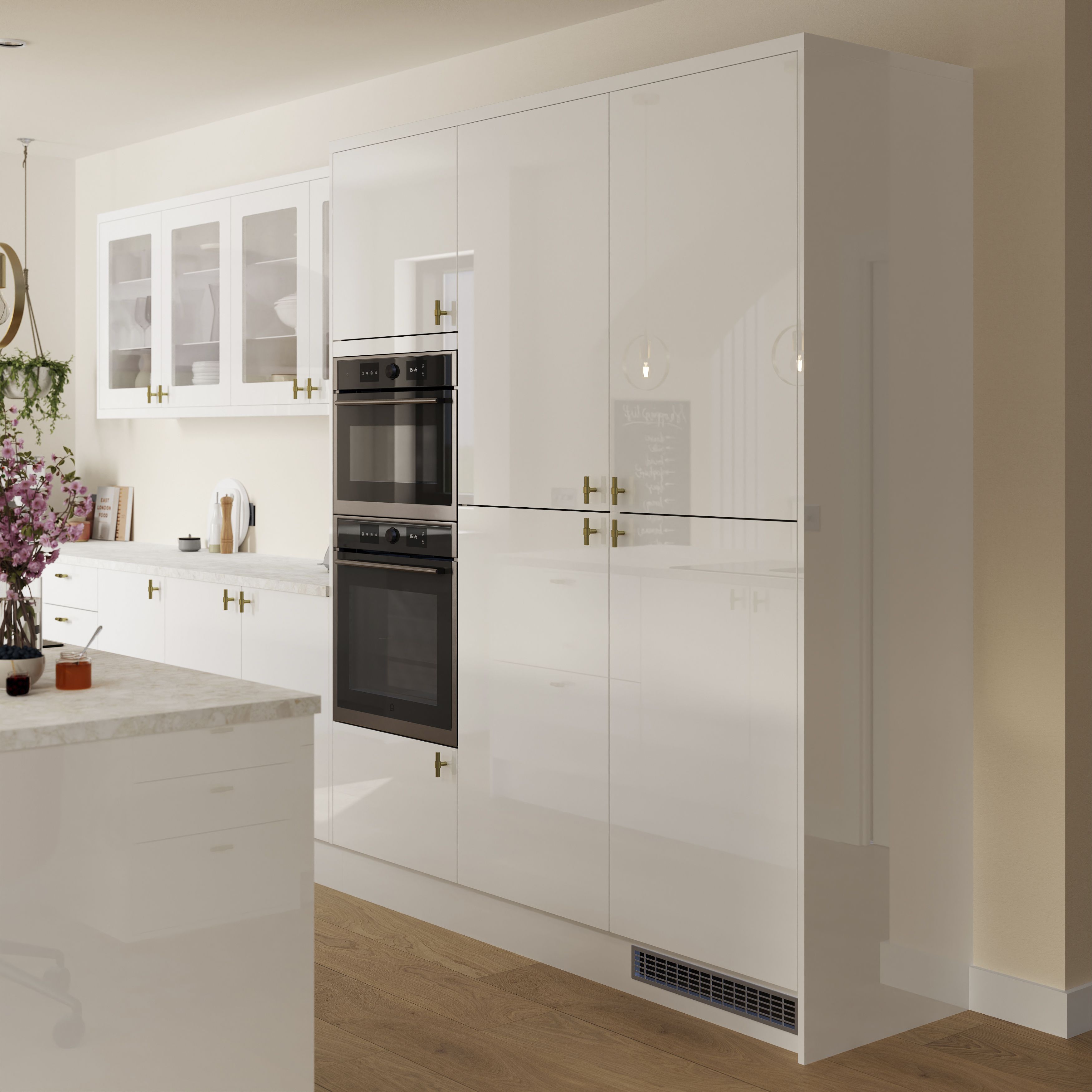 GoodHome Stevia Gloss white Slab 50:50 Larder Cabinet door (W)600mm (H)1001mm (T)18mm