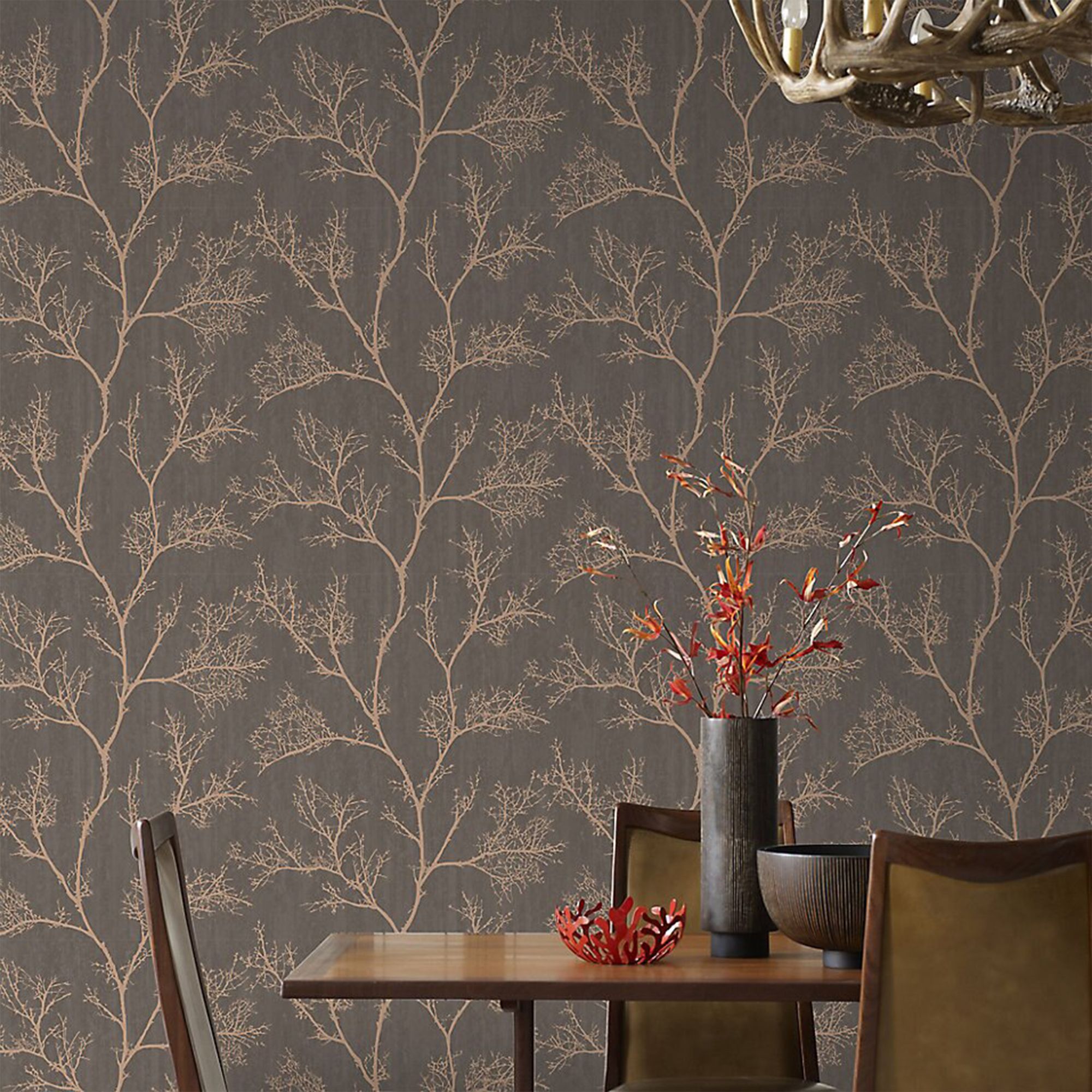 GoodHome Sudeley Brown Metallic effect Icy tree Textured Wallpaper