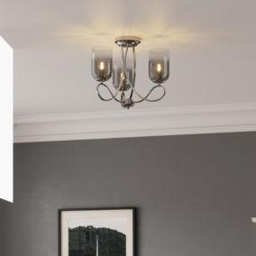 GoodHome Tadley Round Glass & metal Chrome & smoked glass effect 3 Lamp LED Ceiling light