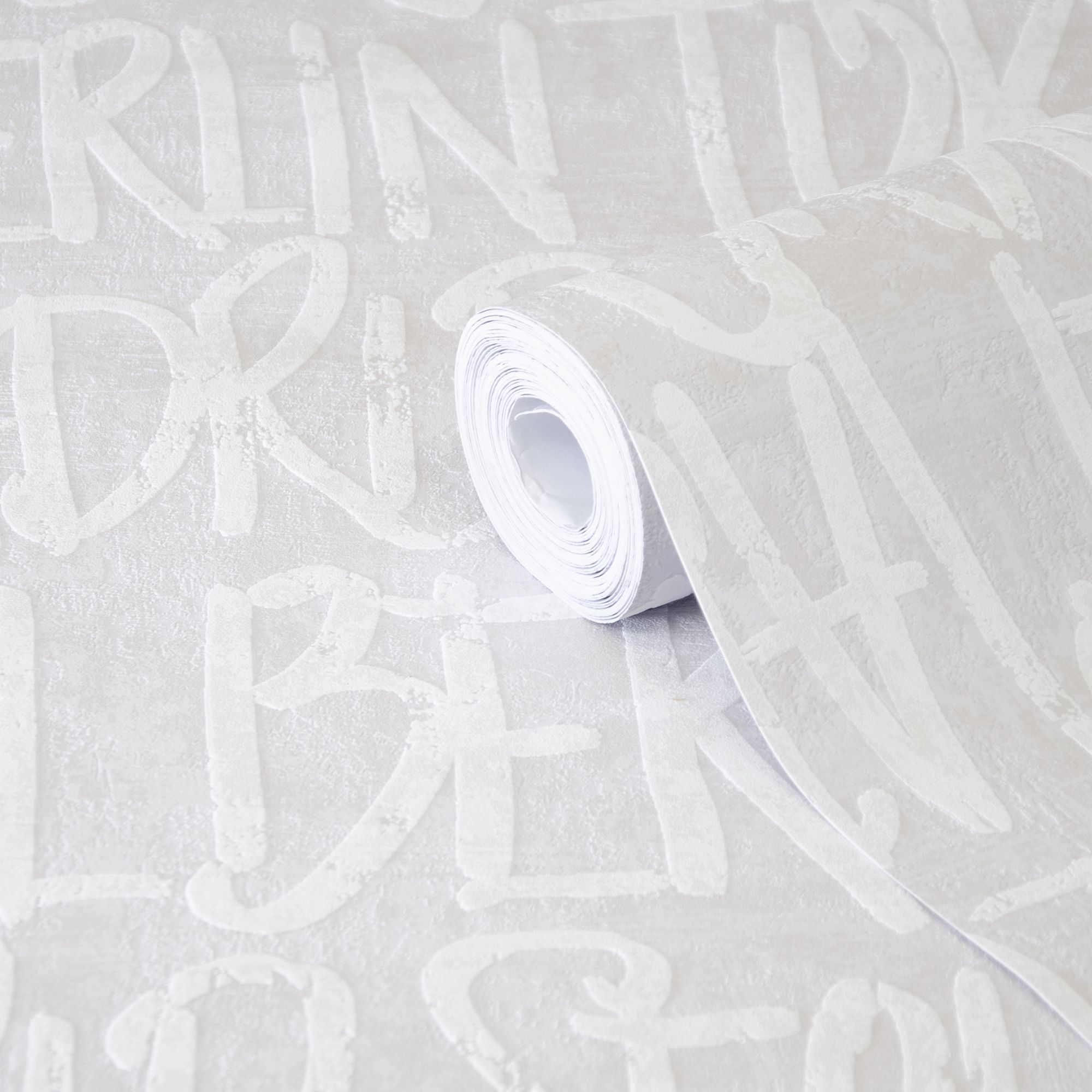 GoodHome Tamarix Light grey Distressed effect Wording Textured Wallpaper