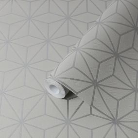 GoodHome Tattenhall Grey Geometric Metallic effect Textured Wallpaper