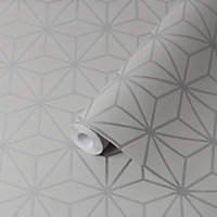 GoodHome Tattenhall Grey Metallic effect Geometric Textured Wallpaper