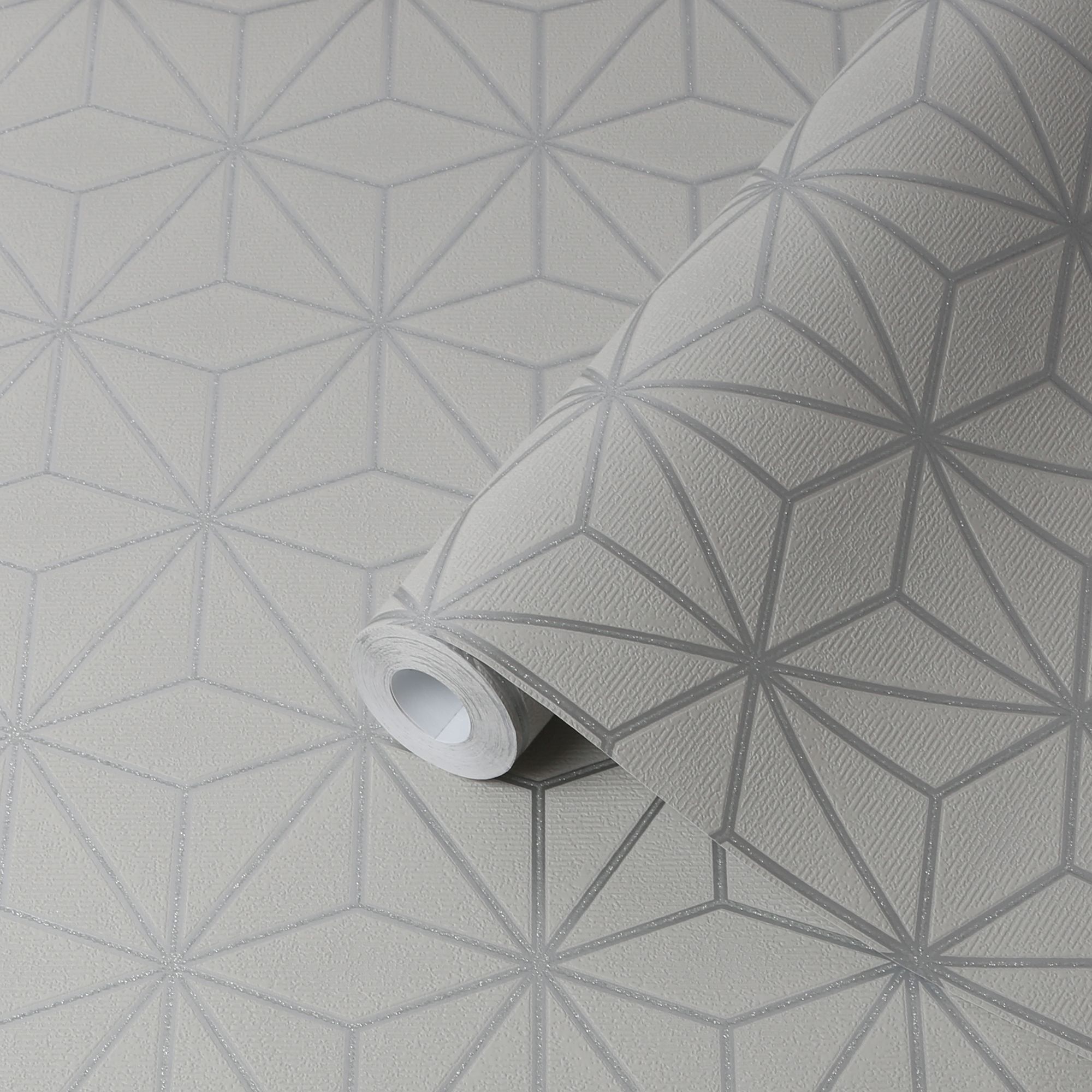 GoodHome Tattenhall Grey Metallic effect Geometric Textured Wallpaper