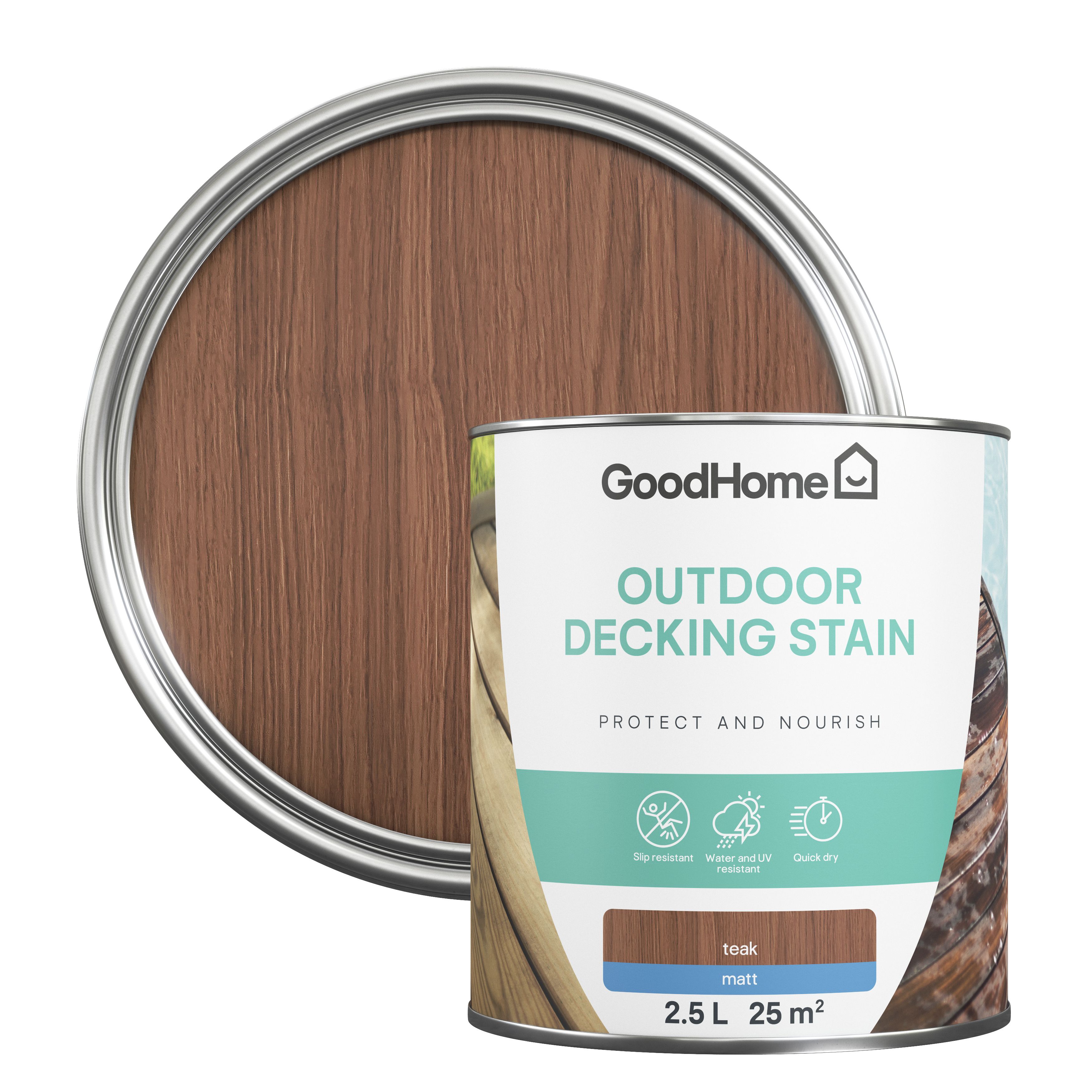 GoodHome Teak Matt Quick dry Decking Wood stain, 2.5L