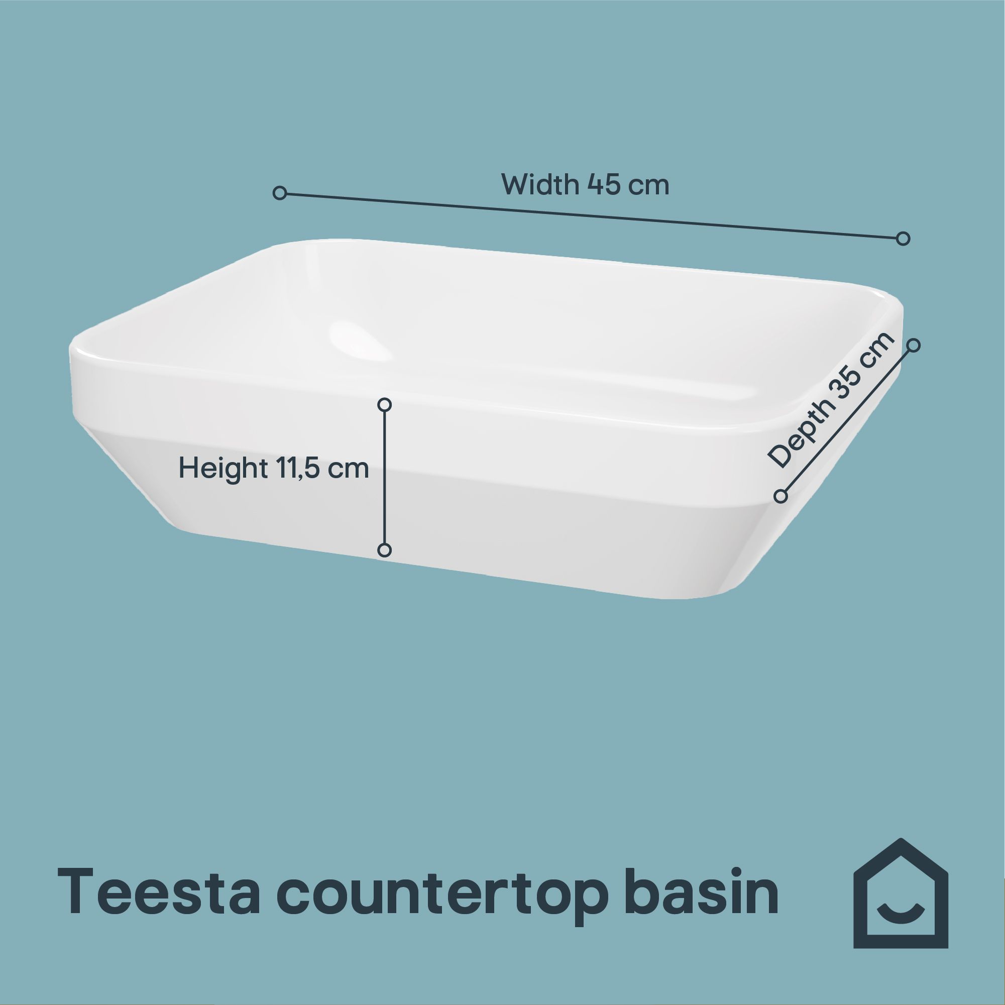 GoodHome Teesta Satin White Rectangular Counter top Basin (W)45cm