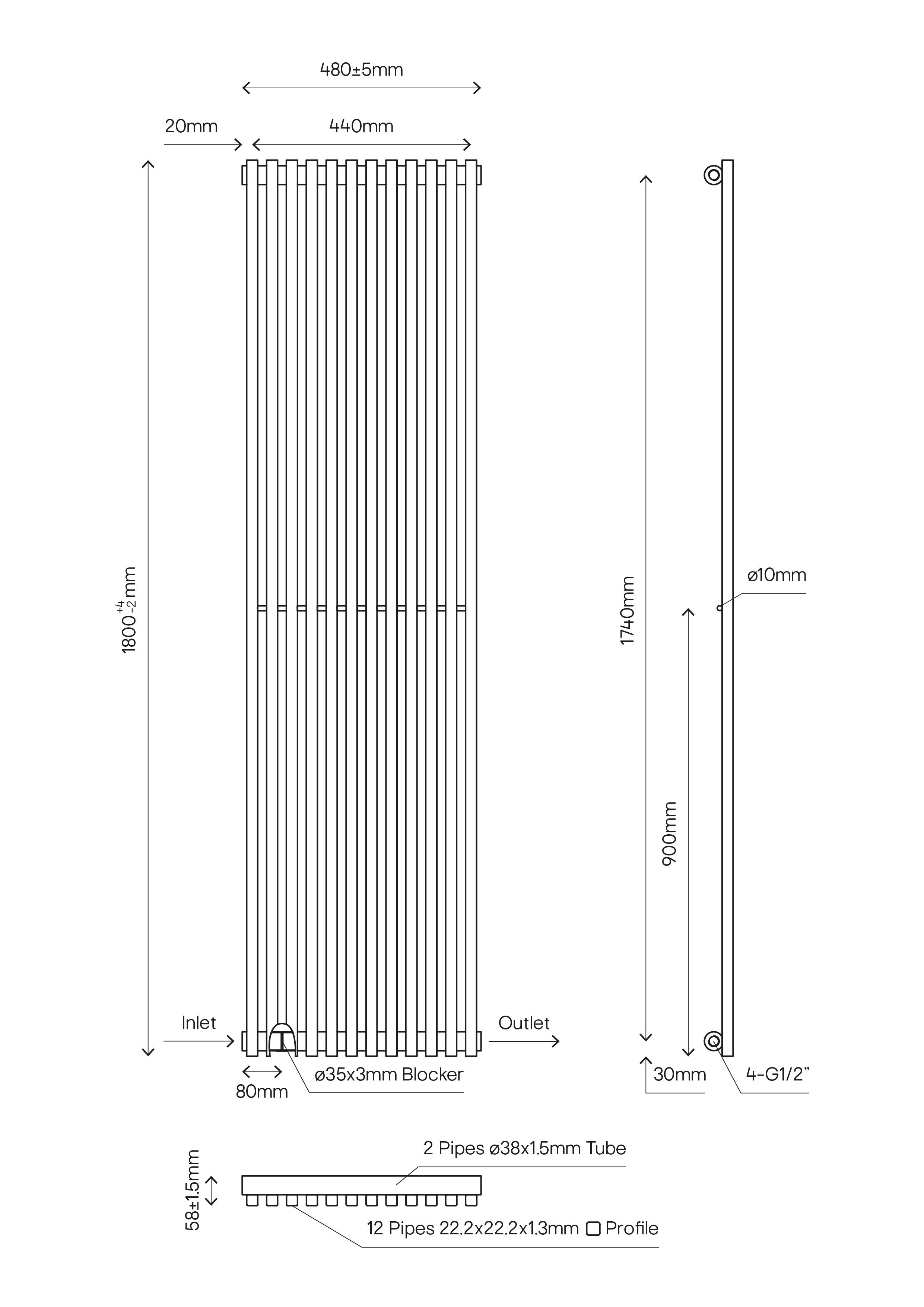 GoodHome Thorpe Anthracite Vertical Designer 3690BTU Radiator, (W)480mm x (H)1800mm