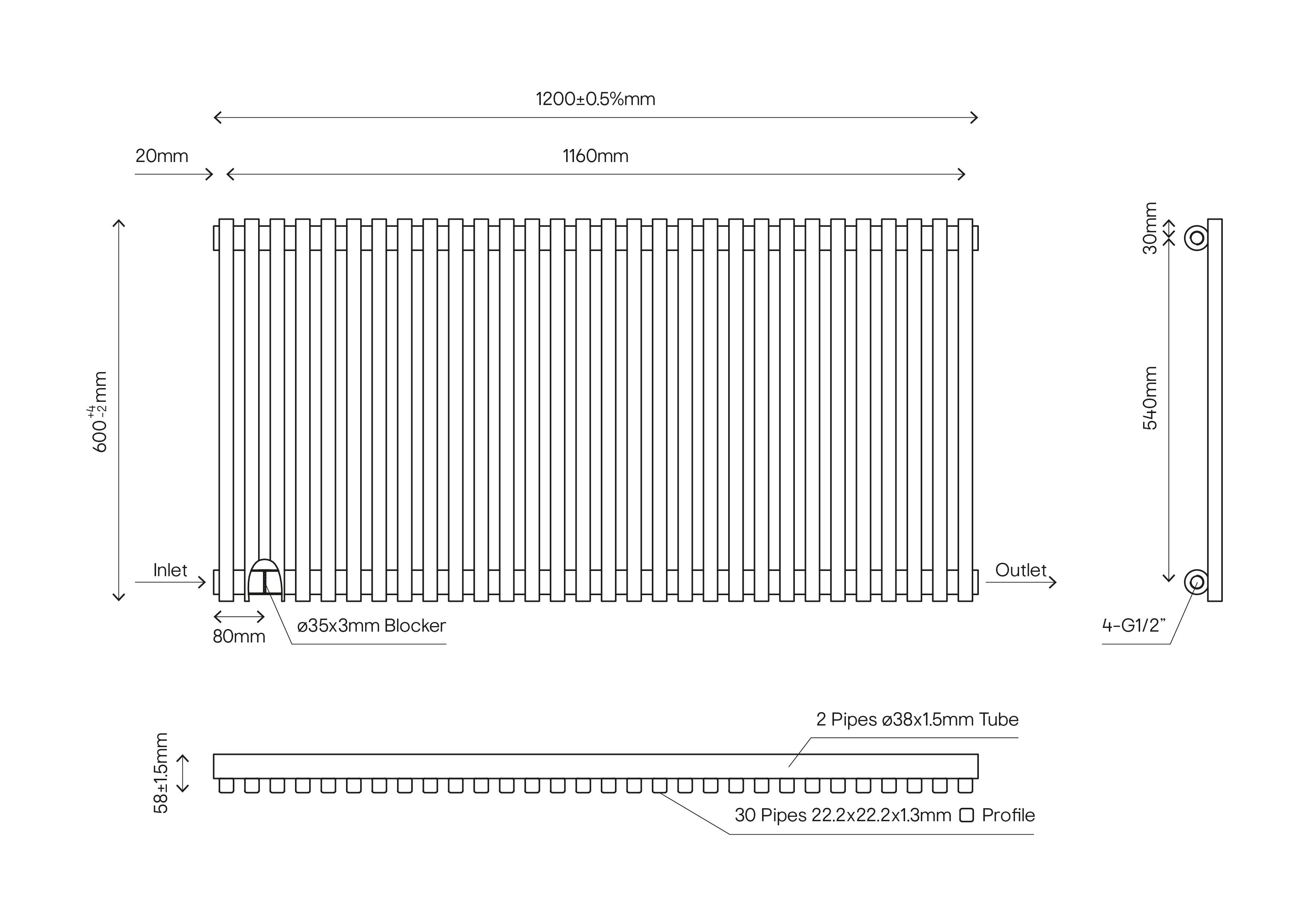 GoodHome Thorpe White Horizontal Designer 3550BTU Radiator, (W)1200mm x (H)600mm