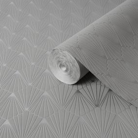 GoodHome Tiverton Grey Silver effect Geometric Textured Wallpaper