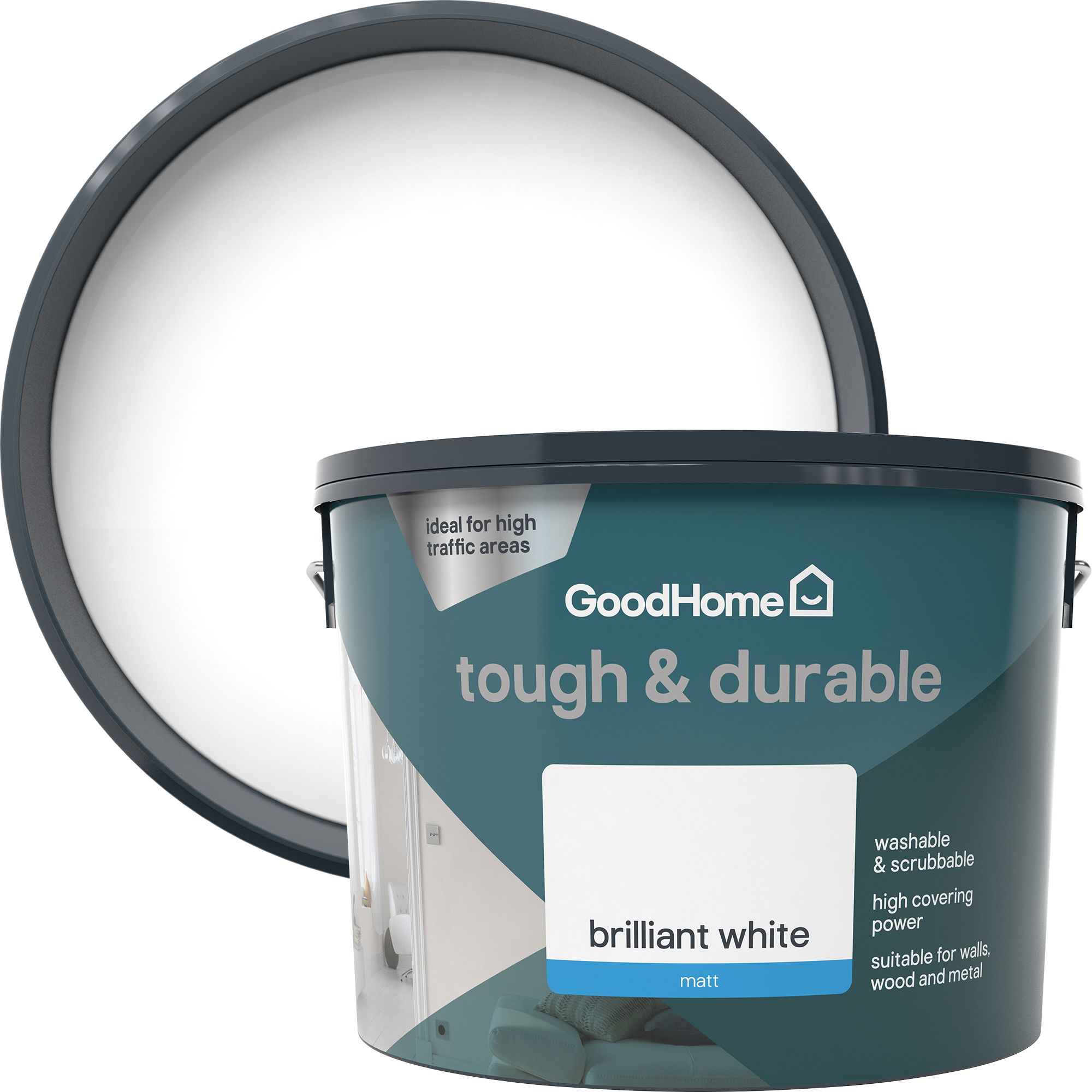 GoodHome Tough & Durable Brilliant white Matt Emulsion paint, 10L DIY