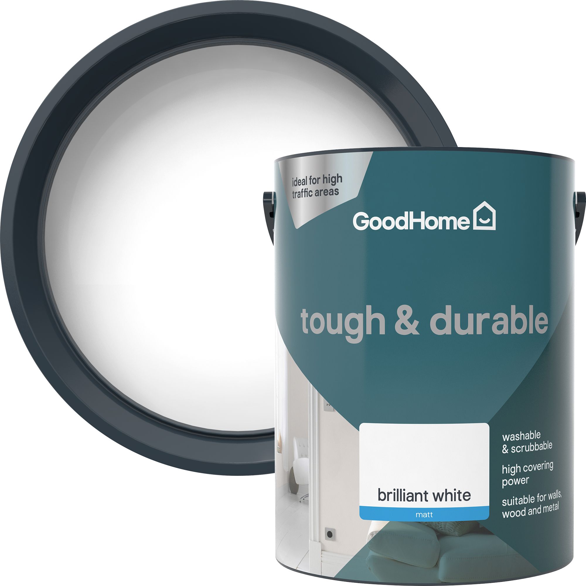 GoodHome Tough & Durable Brilliant White Matt Emulsion Paint, 5L | DIY ...