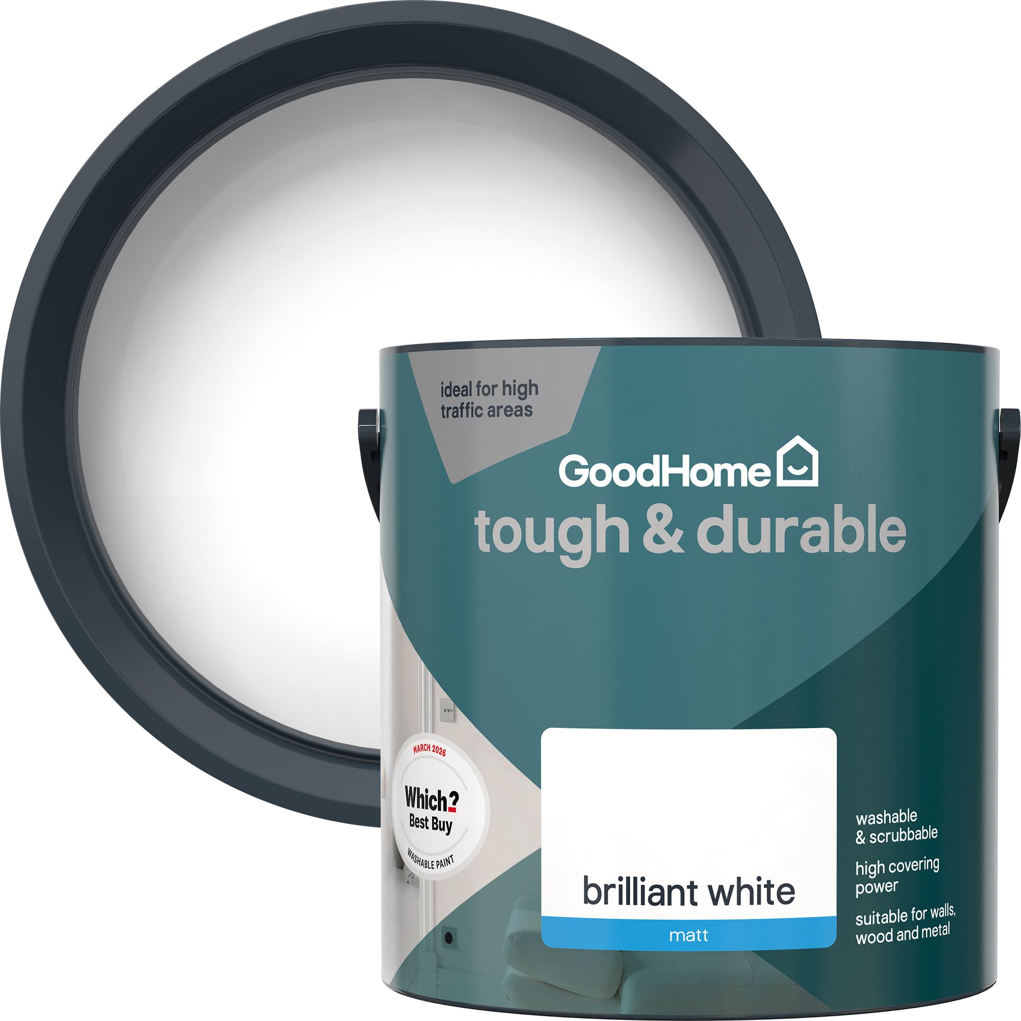 GoodHome Tough & Durable Brilliant White Matt Wall & ceiling Emulsion paint, 2.5L