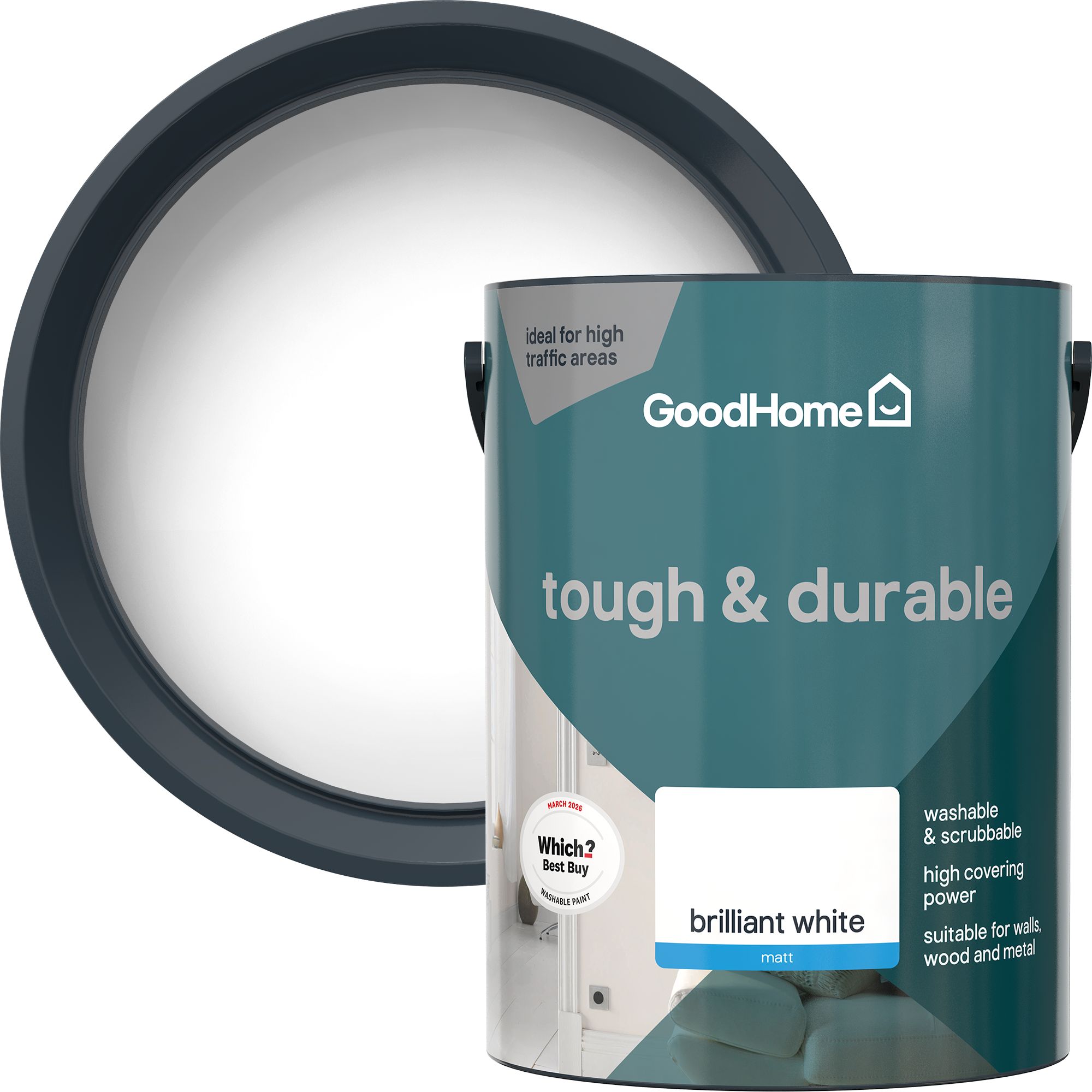 GoodHome Tough & Durable Brilliant White Matt Wall & ceiling Emulsion paint, 5L
