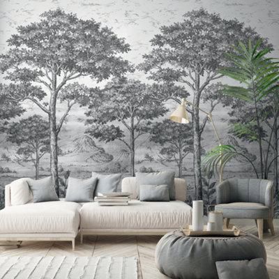 Goodhome Turcoaz Black & White Woodland Matt Mural 