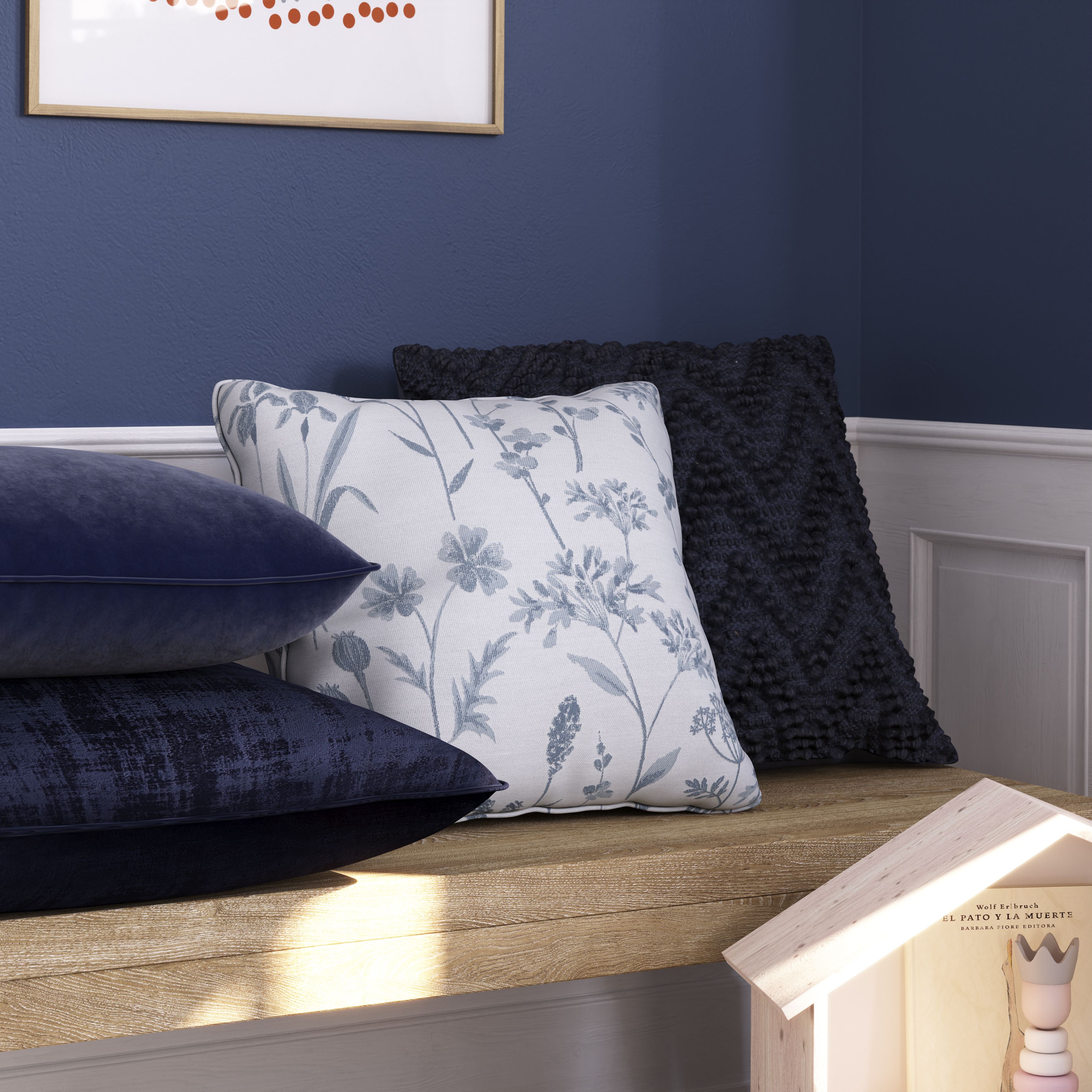 GoodHome Valgreta Deep navy Square Velvet effect Indoor Cushion, (L)43cm x (W)43cm