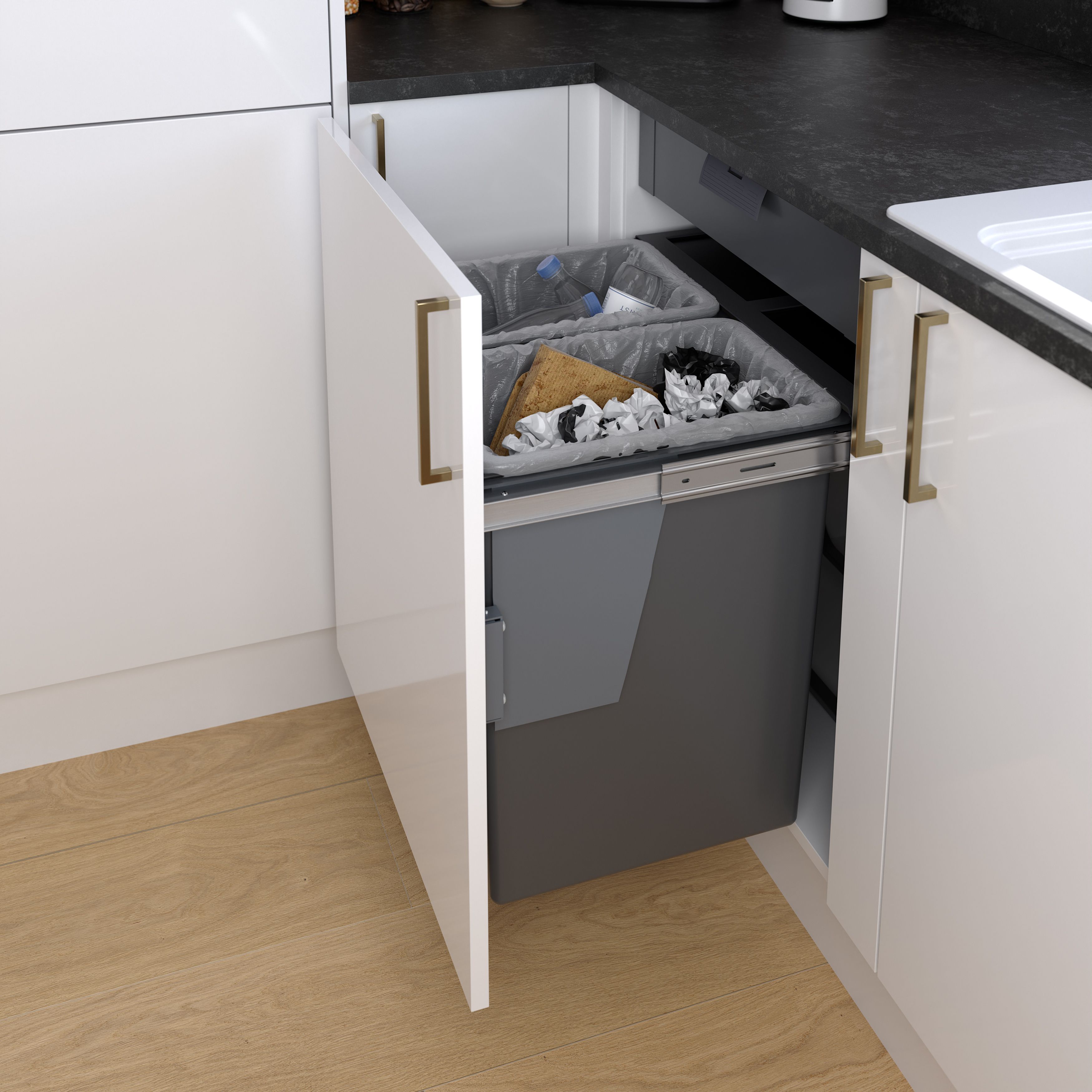 GoodHome Vigote Anthracite Silver effect Integrated Kitchen Pull-out bin, - 92L